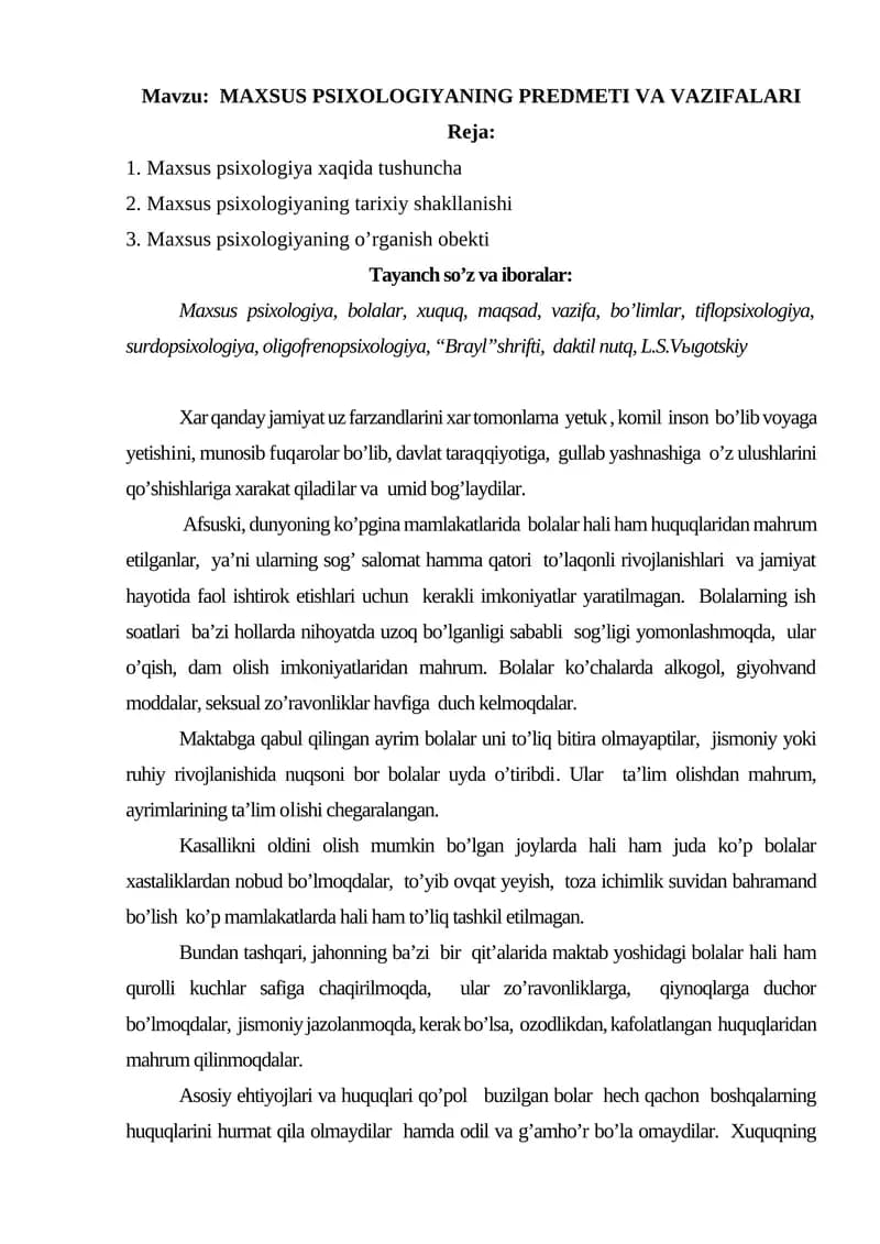 MAXSUS PSIXOLOGIYANING PREDMETI VA VAZIFALARI