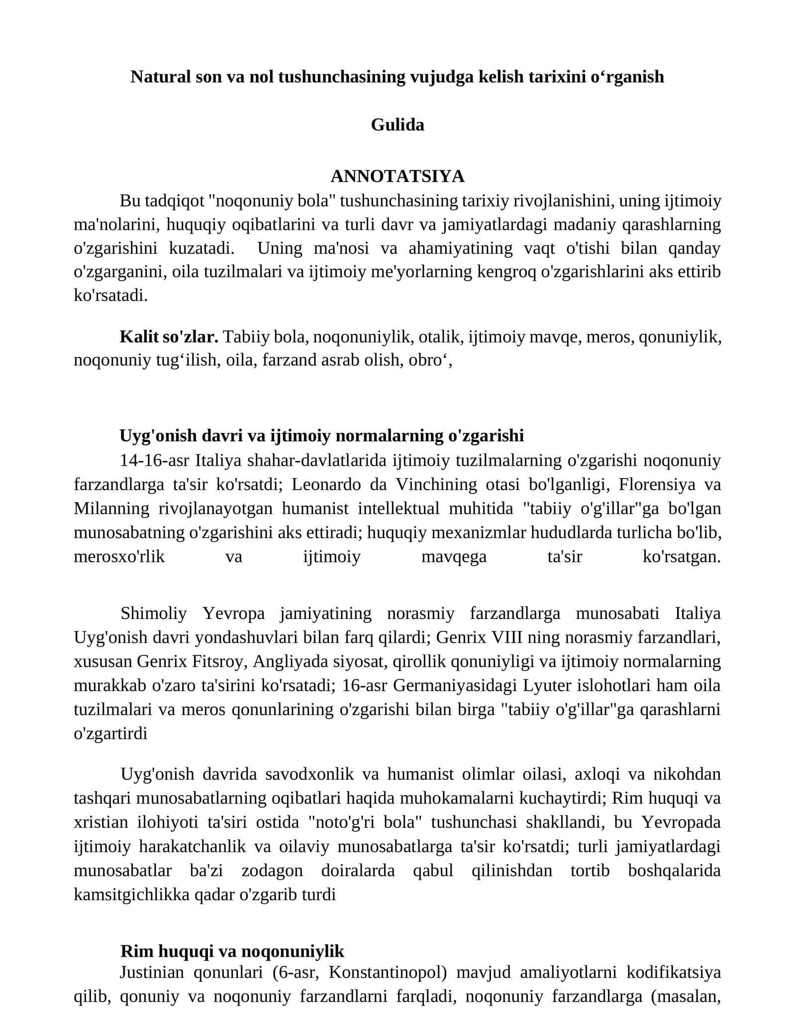 Natural son va nol tushunchasining vujudga kelish tarixini oʻrganish
