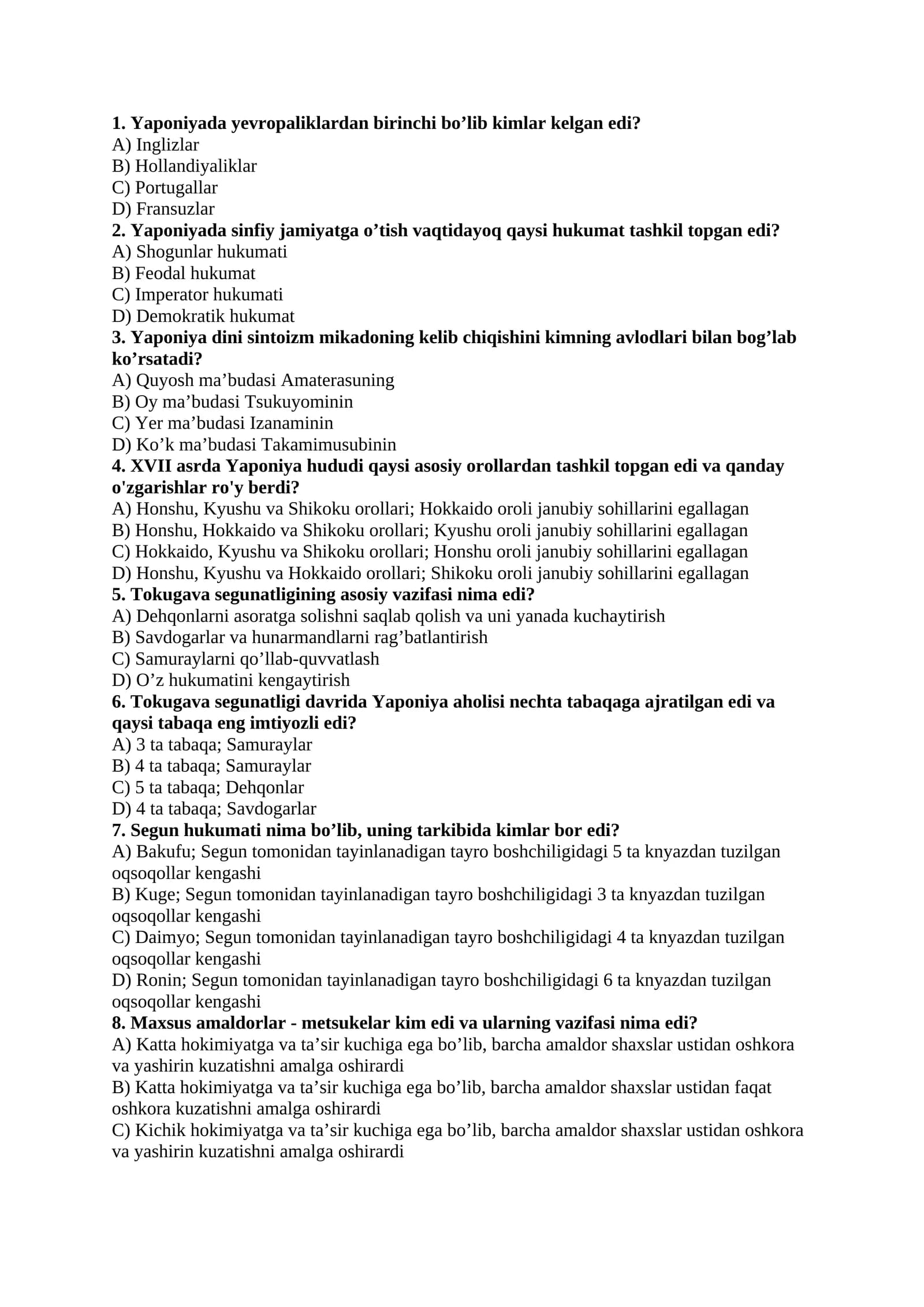 Yaponiya tarixidan savollar