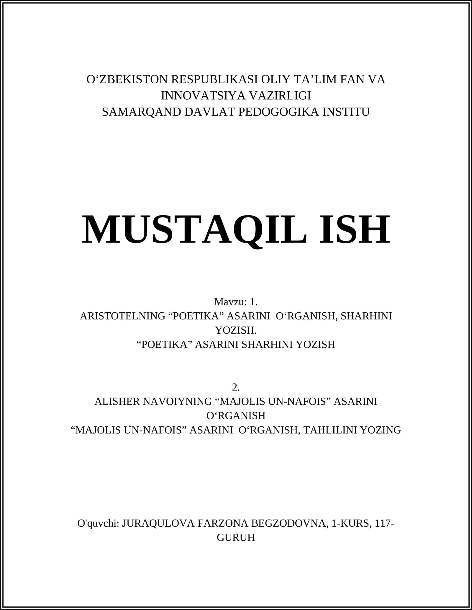 ARISTOTELNING “POETIKA” ASARINI O‘RGANISH, SHARHINI YOZISH