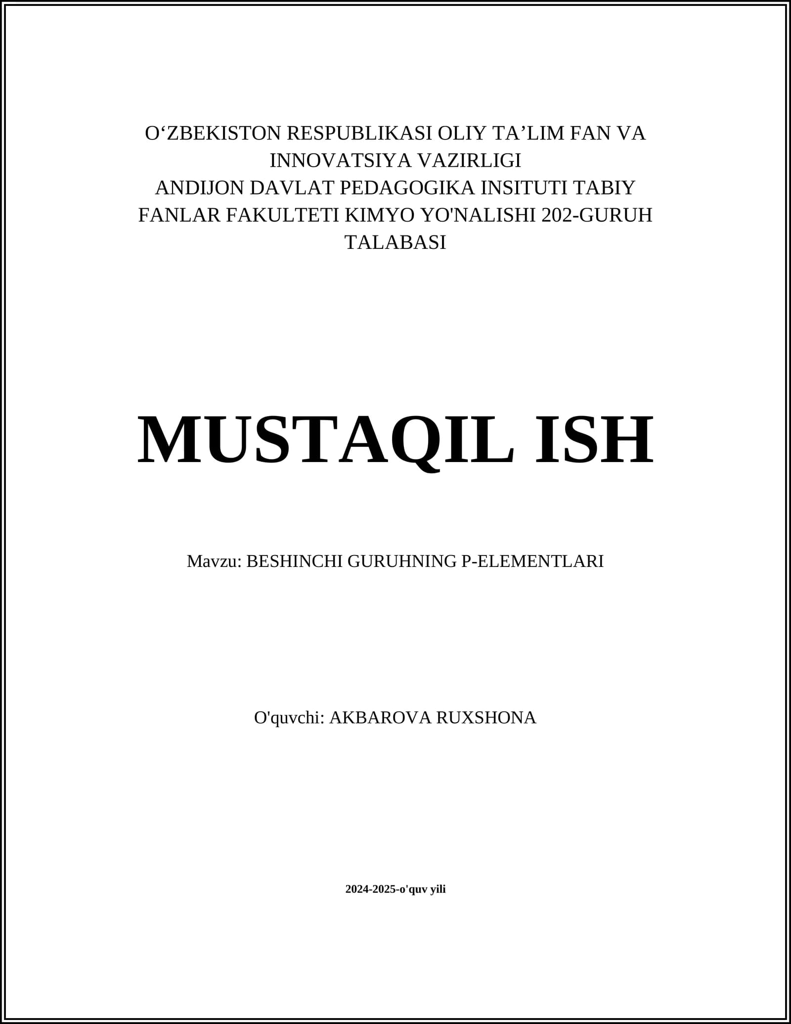 BESHINCHI GURUHNING P-ELEMENTLARI