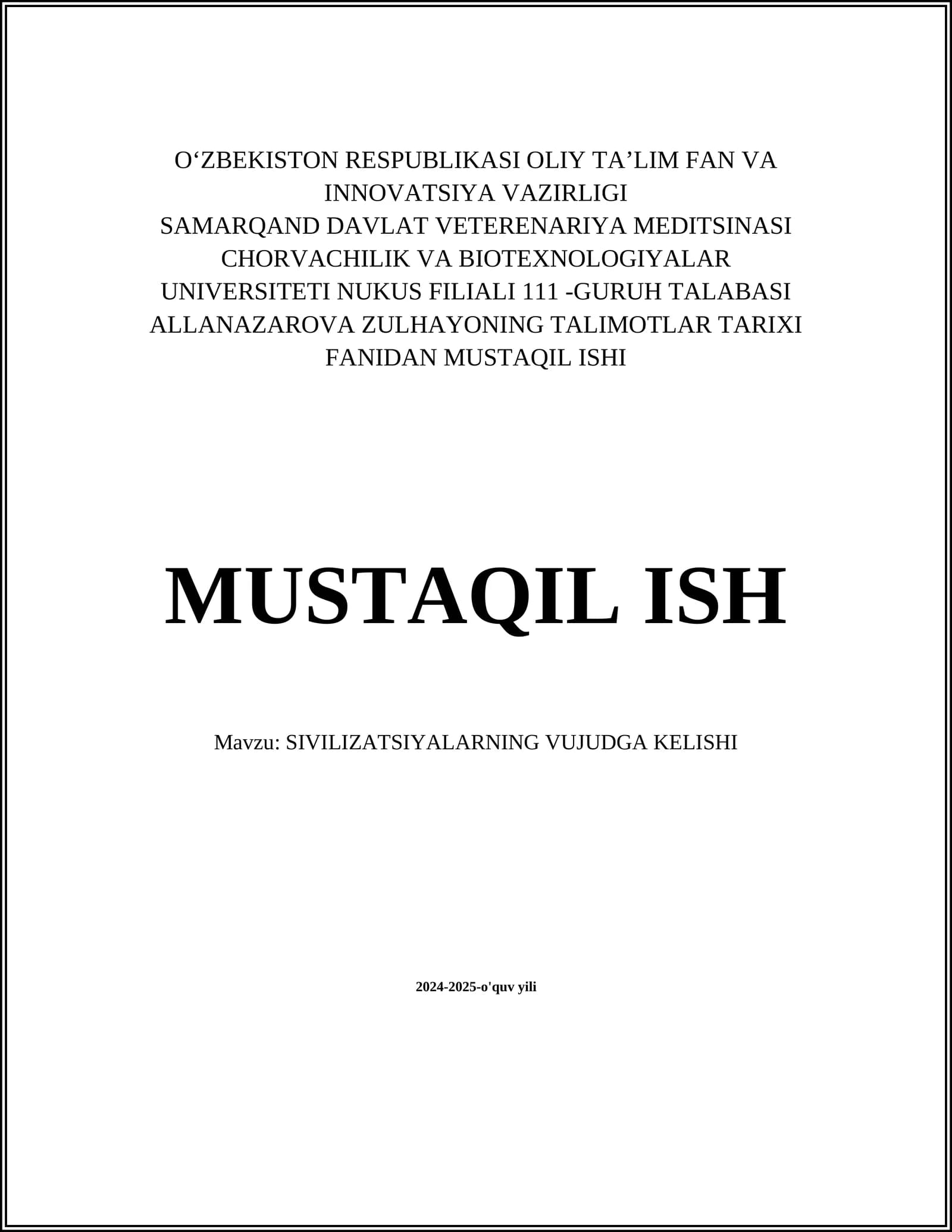 SIVILIZATSIYALARNING VUJUDGA KELISHI
