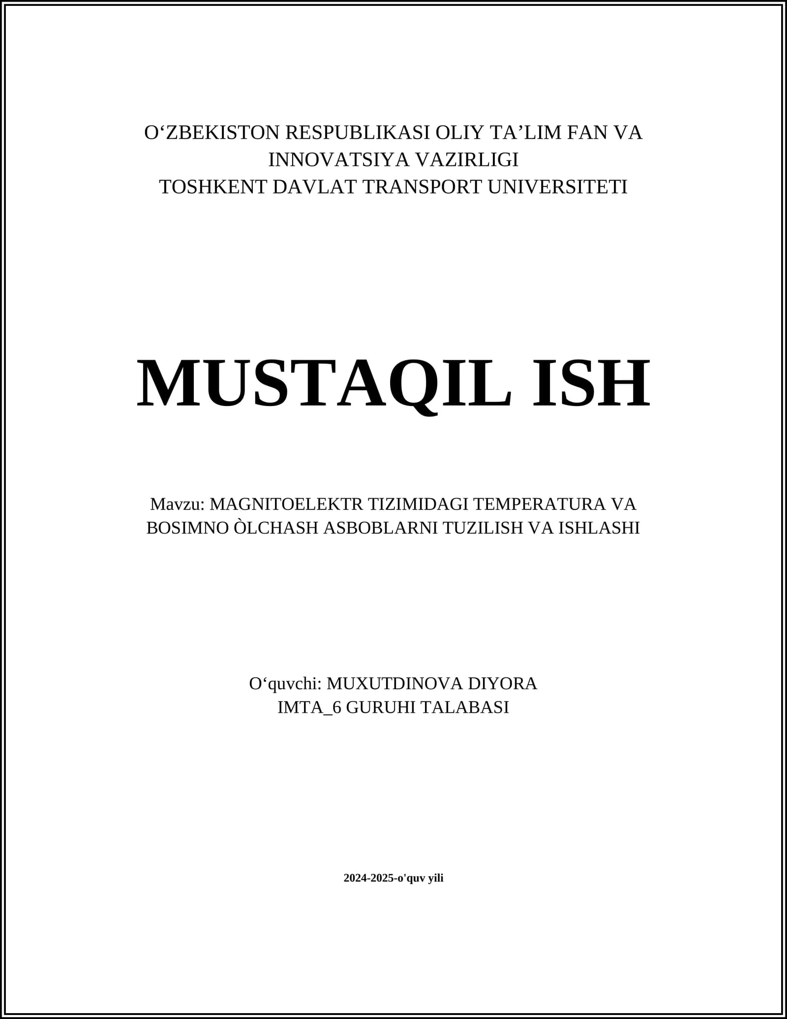 MAGNITOELEKTR TIZIMIDAGI TEMPERATURA VA BOSIMNO ÒLCHASH ASBOBLARNI TUZILISH VA ISHLASHI