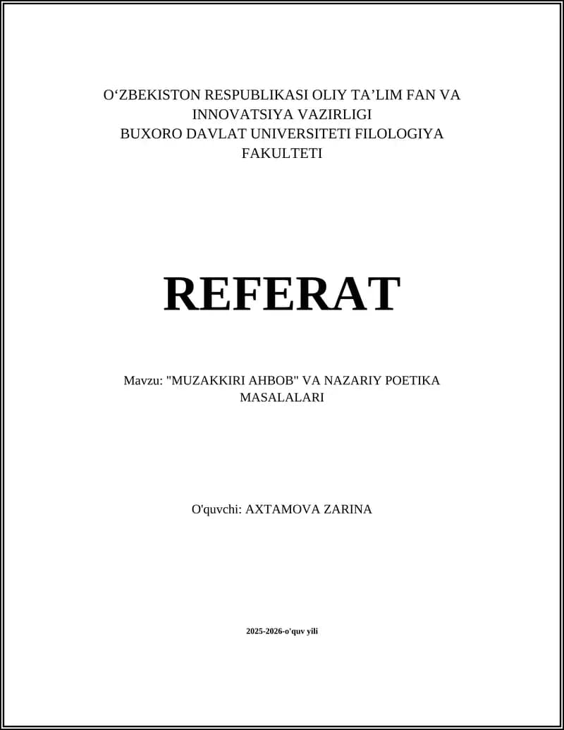 "MUZAKKIRI AHBOB" VA NAZARIY POETIKA MASALALARI