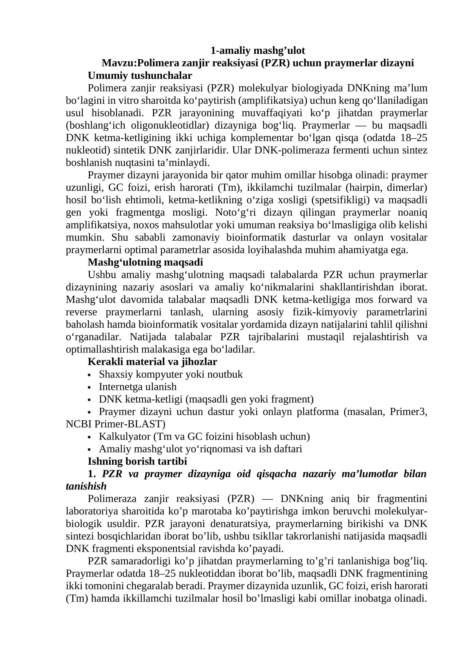 Polimera zanjir reaksiyasi (PZR) uchun praymerlar dizayni