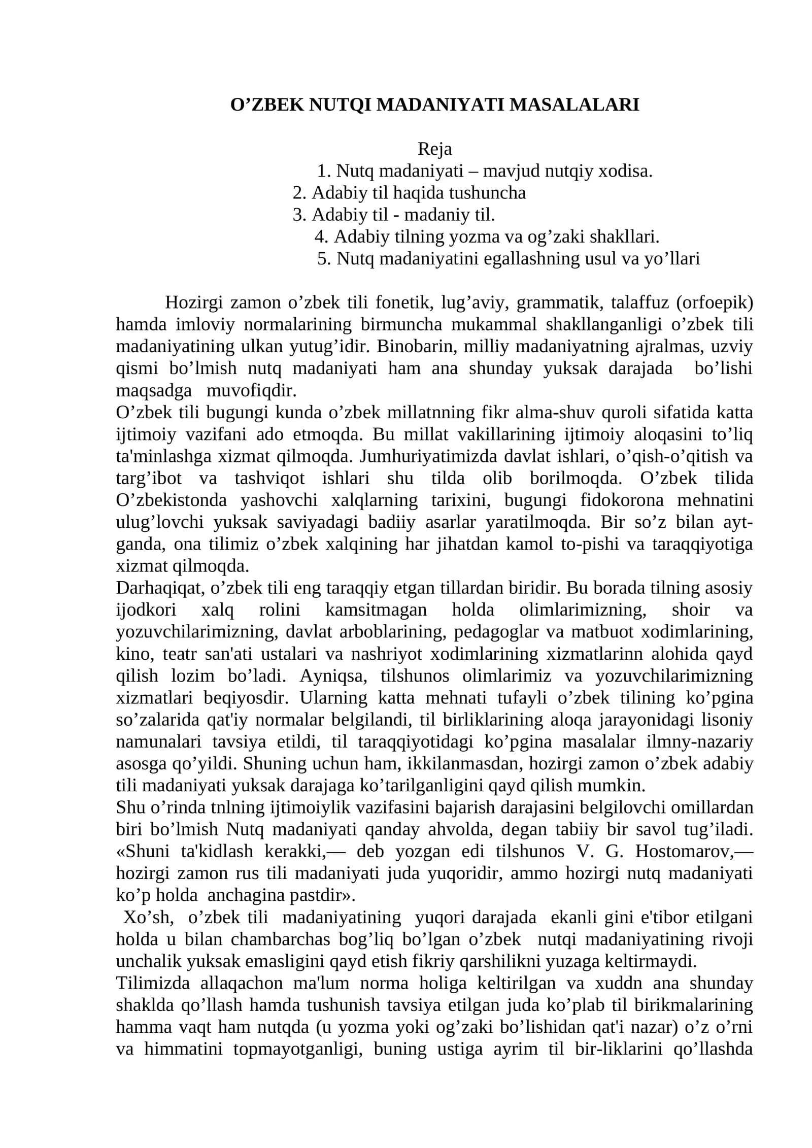O’ZBEK NUTQI MADANIYATI MASALALARI