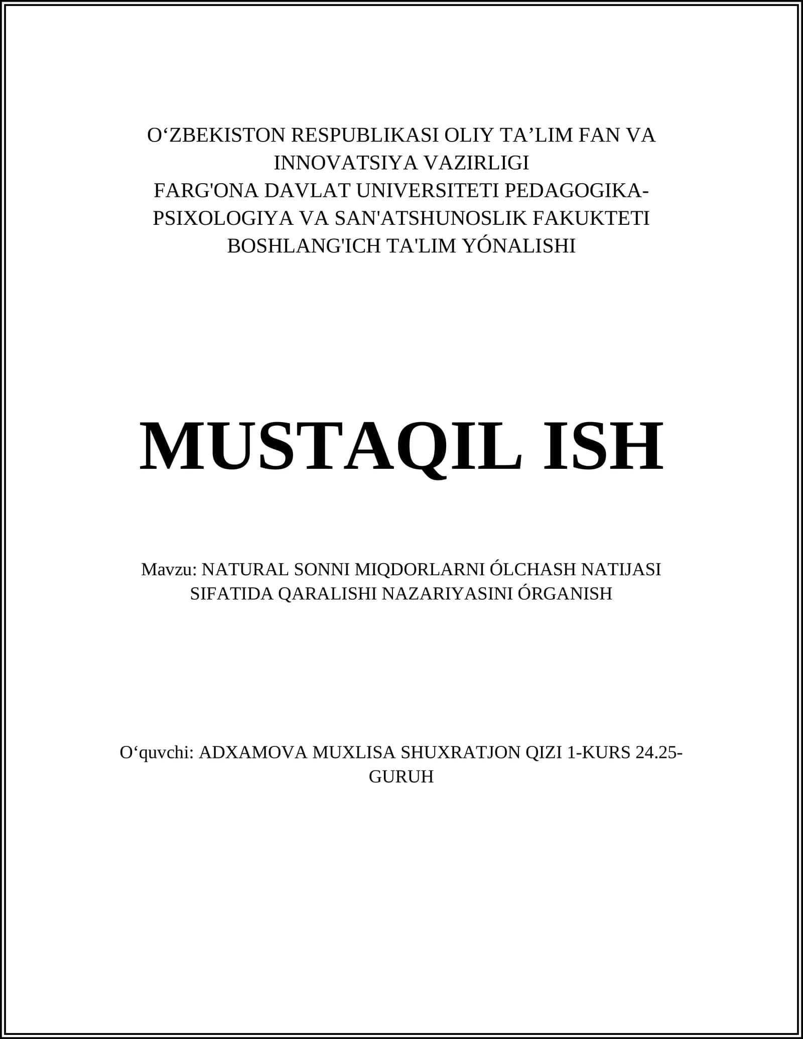 NATURAL SONNI MIQDORLARNI ÓLCHASH NATIJASI SIFATIDA QARALISHI NAZARIYASINI ÓRGANISH