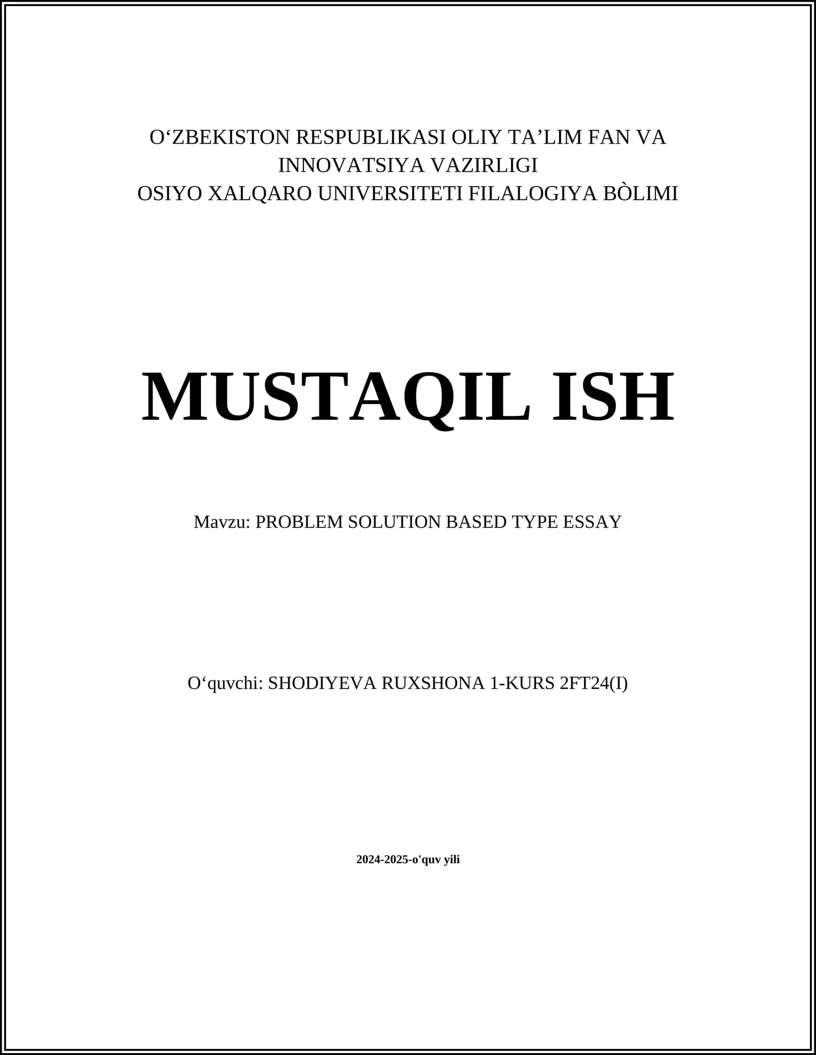 PROBLEM SOLUTION BASED TYPE ESSAY