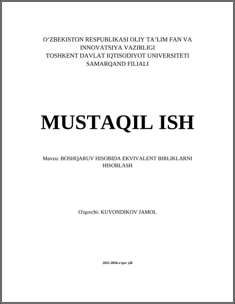 BOSHQARUV HISOBIDA EKVIVALENT BIRLIKLARNI HISOBLASH