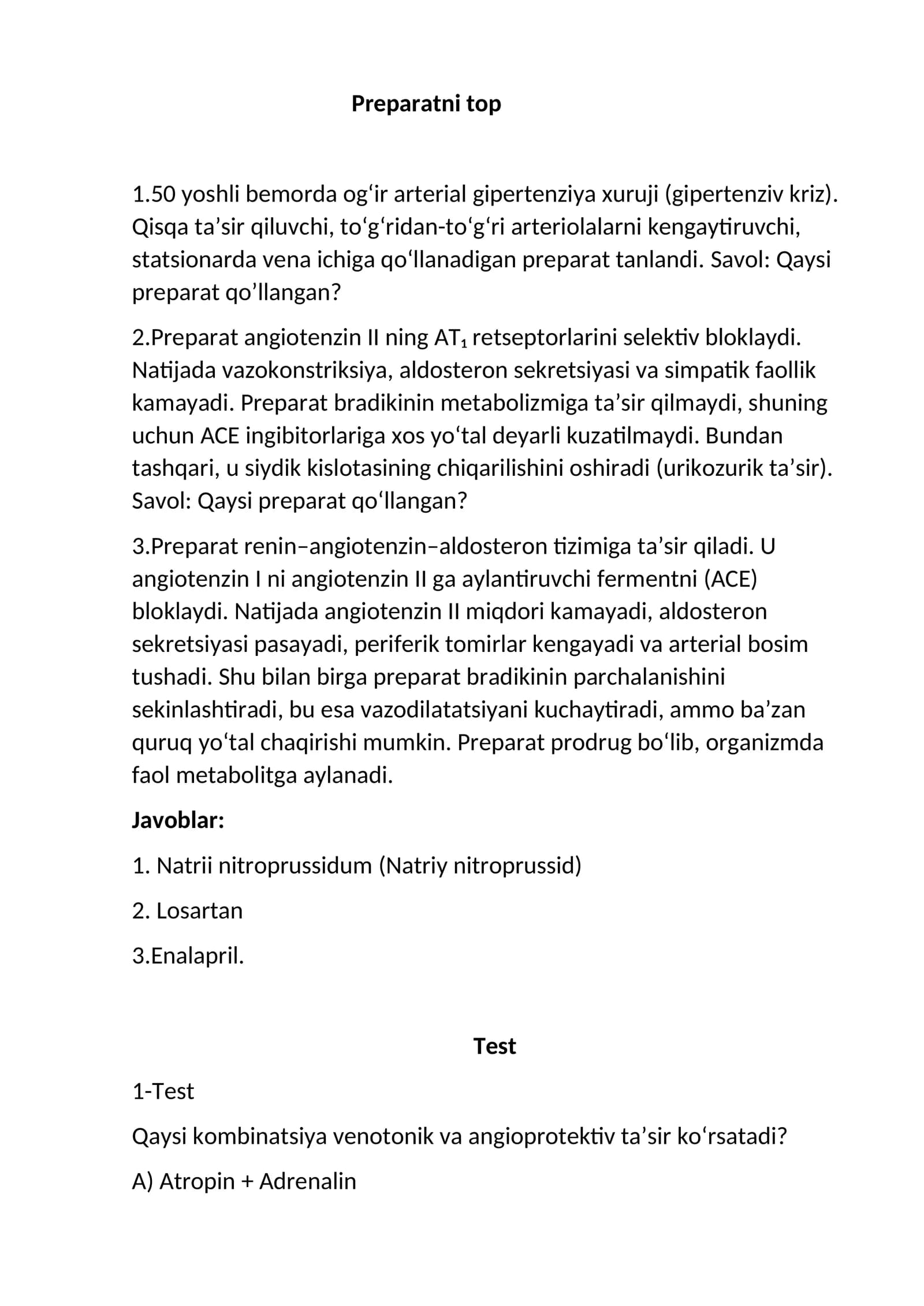 1.50 yoshli bemorda og‘ir arterial gipertenziya xuruji (gipertenziv kriz)