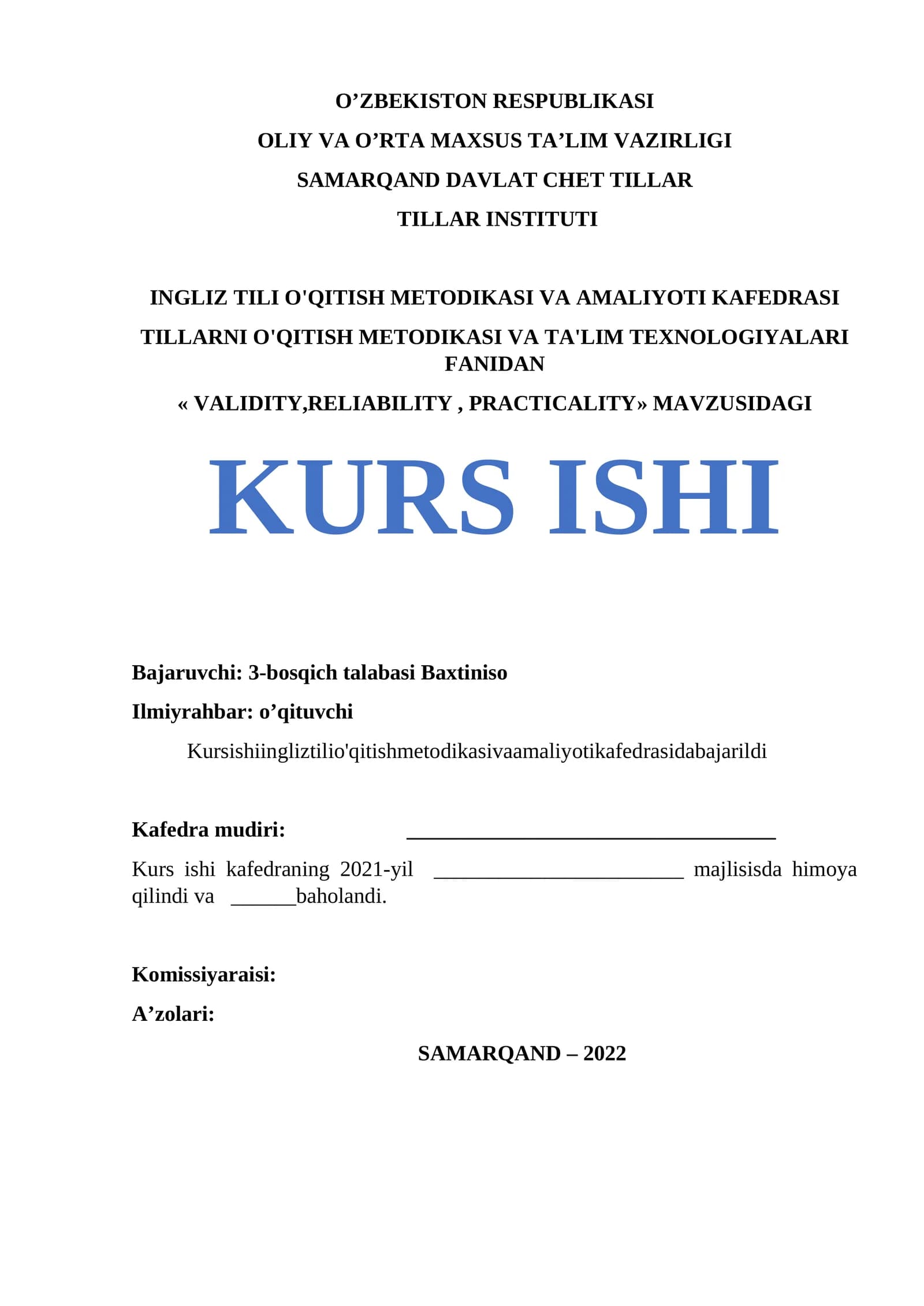 Kurs ishi "VALIDITY,RELIABILITY, PRACTICALITY"