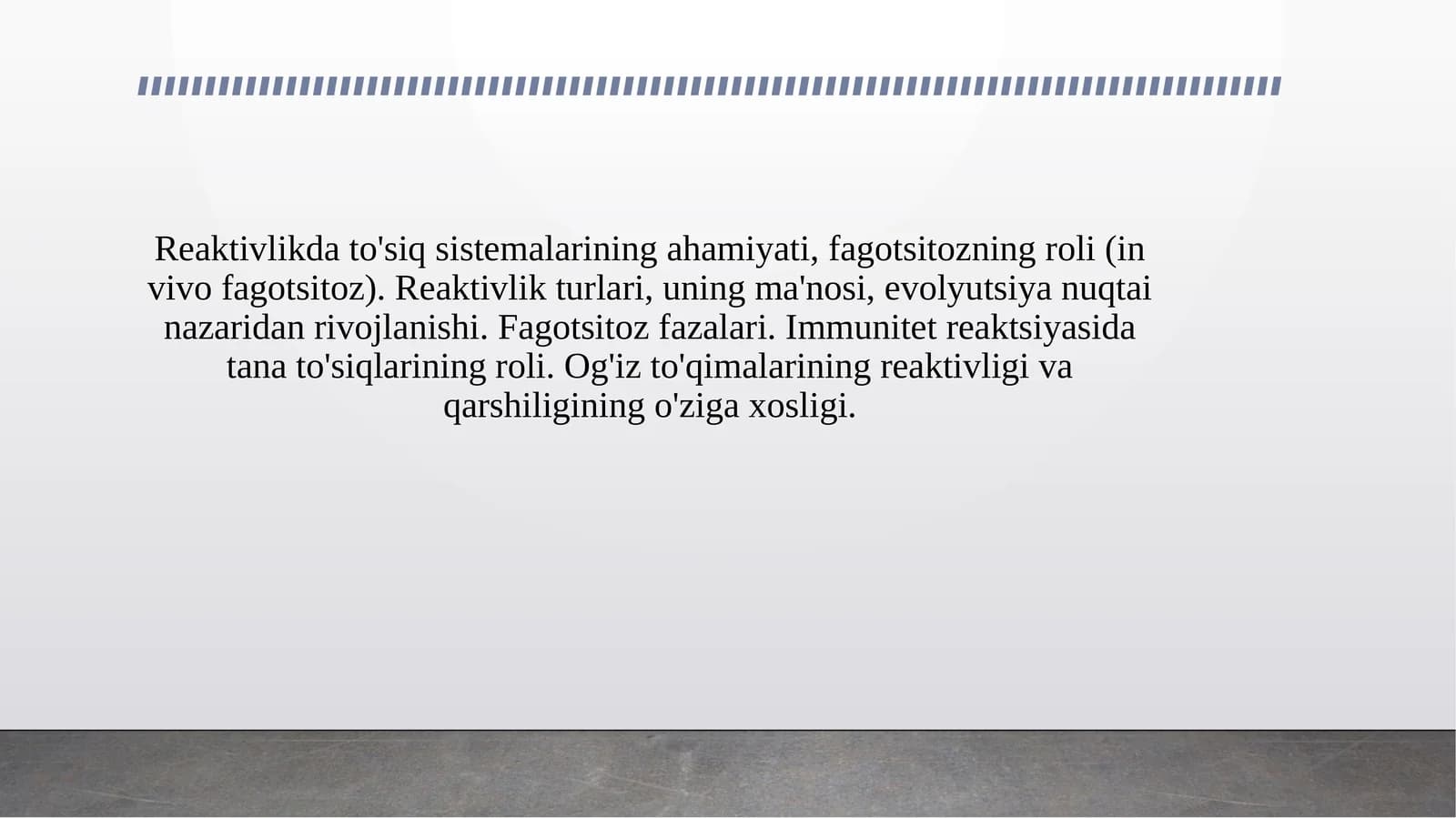 Reaktivlikda to'siq sistemalarining ahamiyati, fagotsitozning roli (in vivo fagotsitoz). Reaktivlik turlari, uning ma'nosi, evolyutsiya nuqtai nazaridan rivojlanishi. Fagotsitoz fazalari. Immunitet reaktsiyasida tana to'siqlarining roli. Og'iz to'qimalarining reaktivligi va qarshiligining o'ziga xosligi.