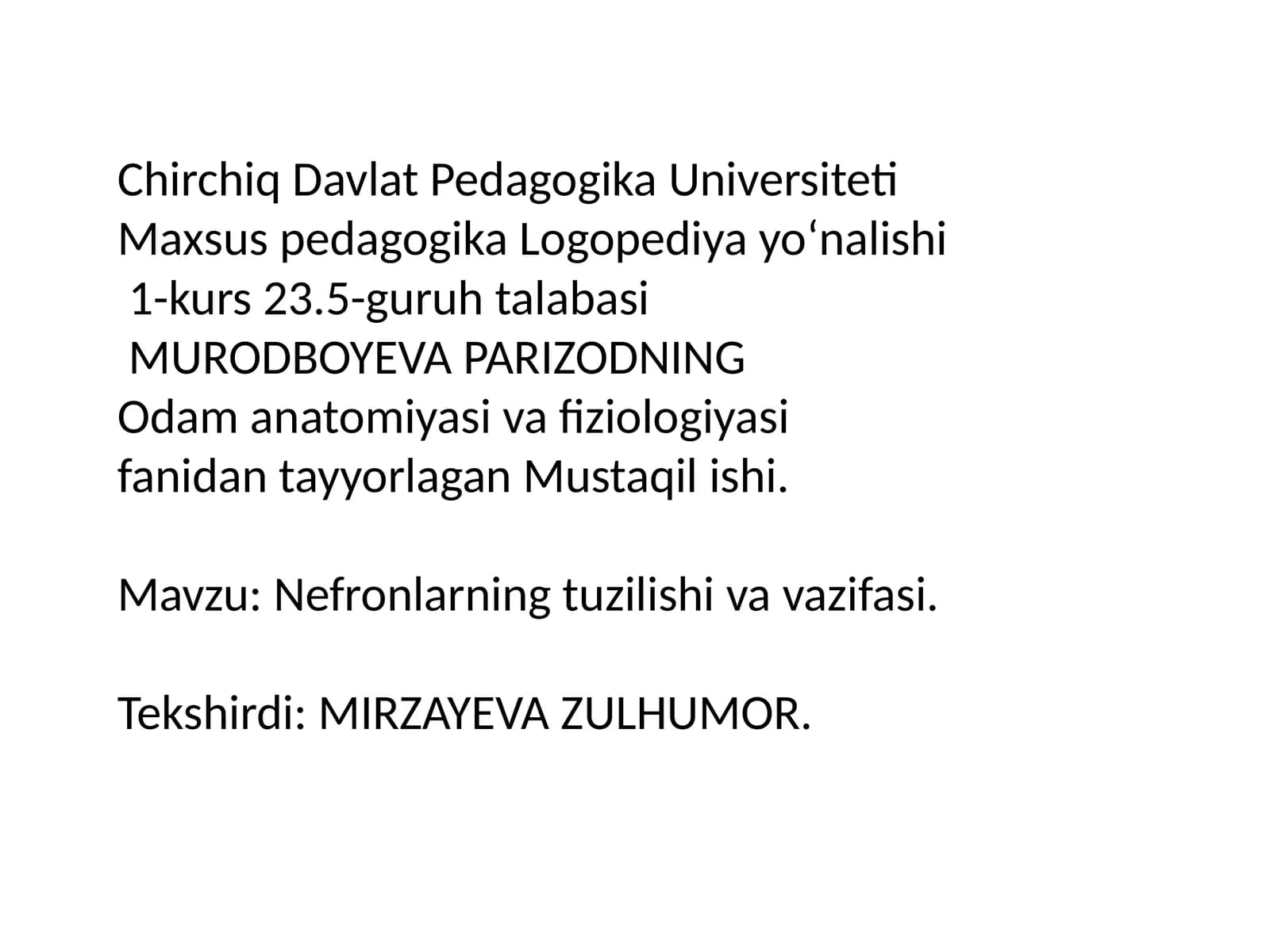 Nefronlar Tuzilishi va Vazifasi