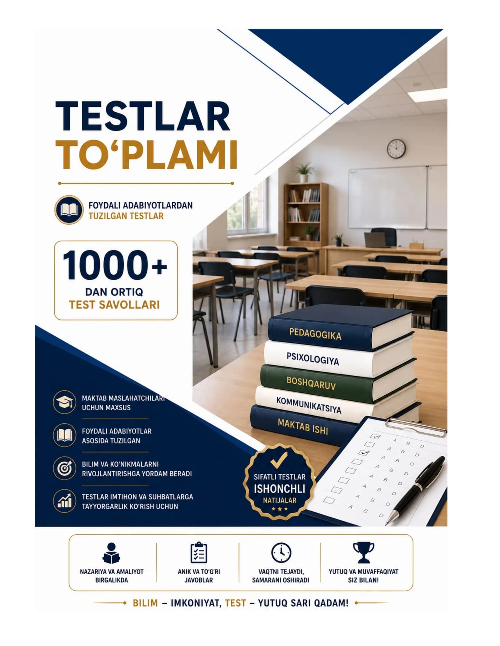 Maktab maslaxatchisi 1000 ta test javoblari bilan