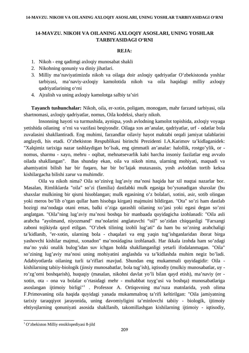 NIKOH VA OILANING AXLOQIY ASOSLARI, UNING YOSHLAR TARBIYASIDAGI O‘RNI