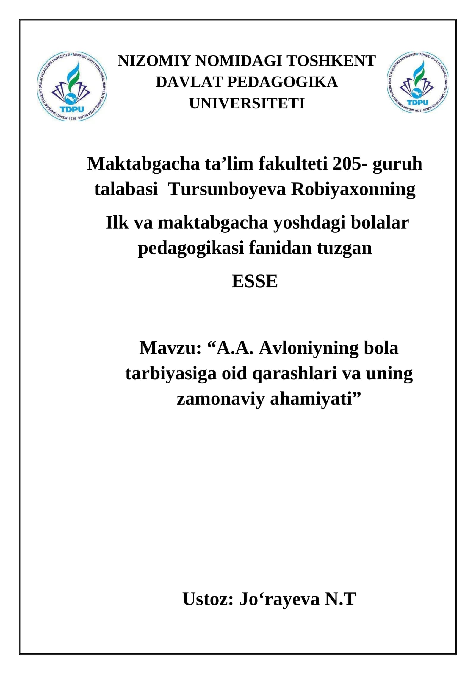 A.A. Avloniyning bola tarbiyasiga oid qarashlari va uning zamonaviy ahamiyati