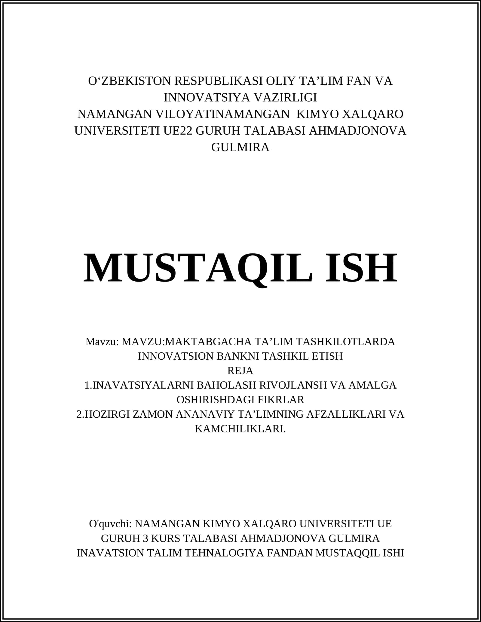MAKTABGACHA TAʼLIM TASHKILOTLARDA INNOVATSION BANKNI TASHKIL ETISH