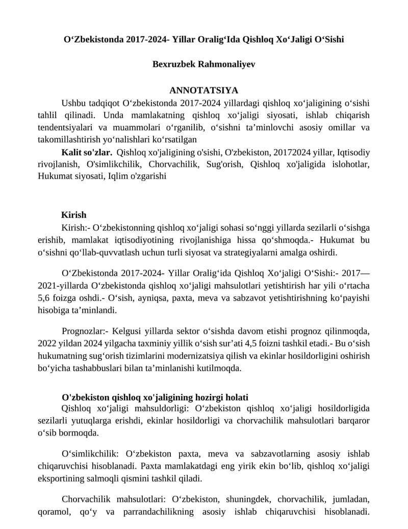 OʻZbekistonda 2017-2024- Yillar OraligʻIda Qishloq XoʻJaligi OʻSishi