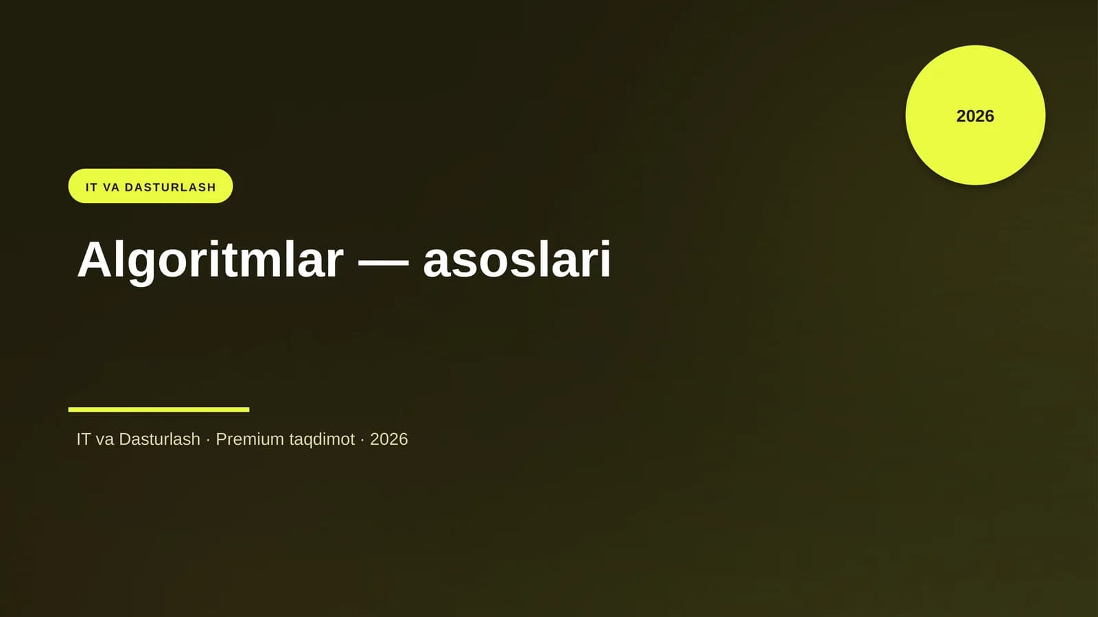 Ushbu taqdimot «Algoritmlar — asoslari» mavzusini tizimli, amaliy va tushunarli shaklda yoritadi