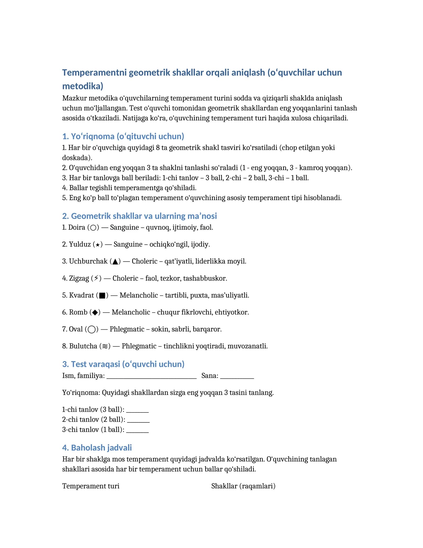 Temperamentni geometrik shakllar orqali aniqlash (o‘quvchilar uchun metodika)