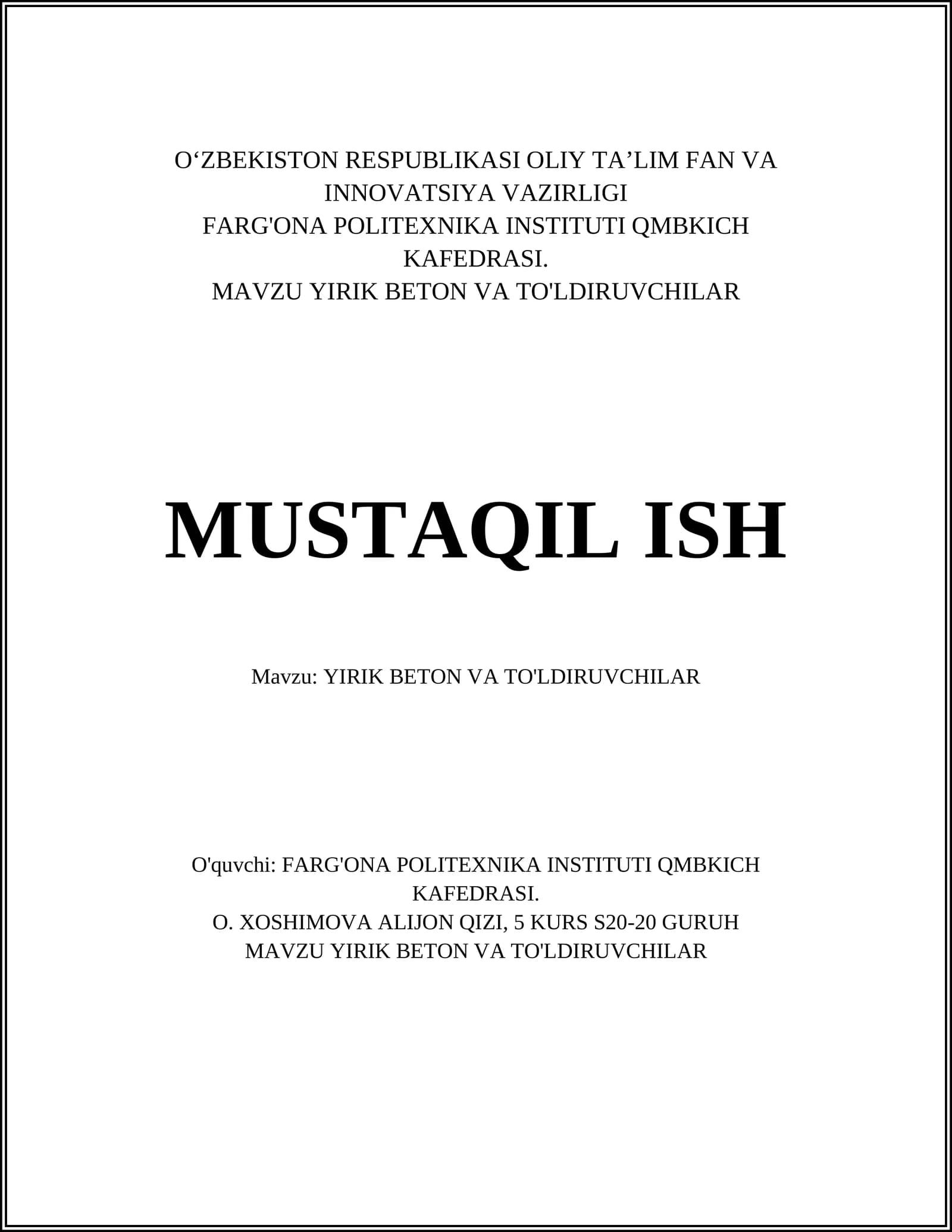 YIRIK BETON VA TO'LDIRUVCHILAR
