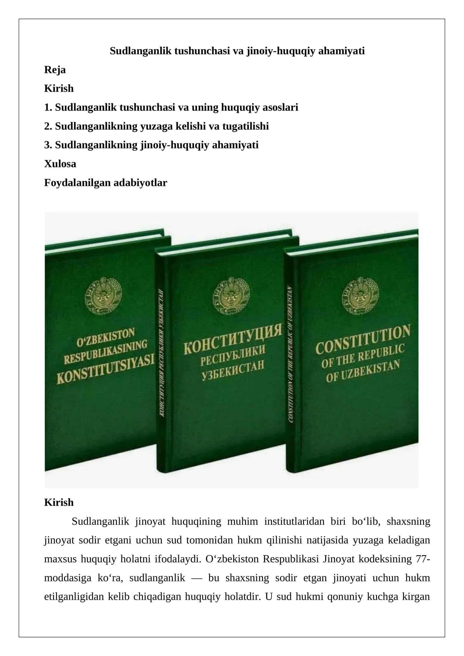 Sudlanganlik tushunchasi va jinoiy-huquqiy ahamiyati
