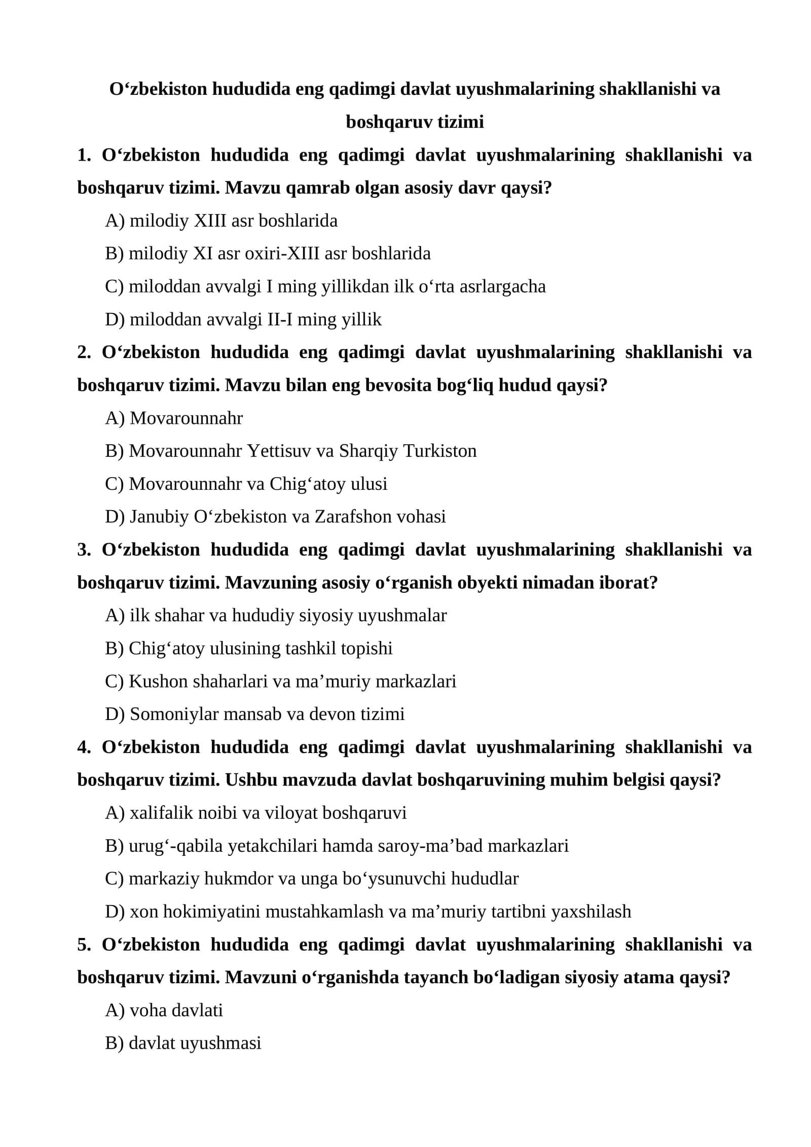 O‘zbekiston hududida eng qadimgi davlat uyushmalarining shakllanishi va boshqaruv tizimi