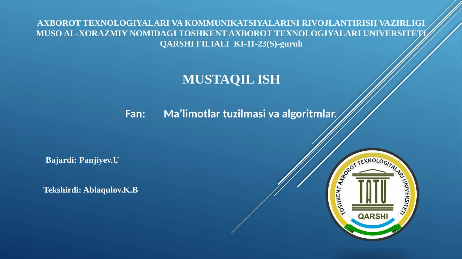 Fan: Ma’limotlar tuzilmasi va algoritmlar