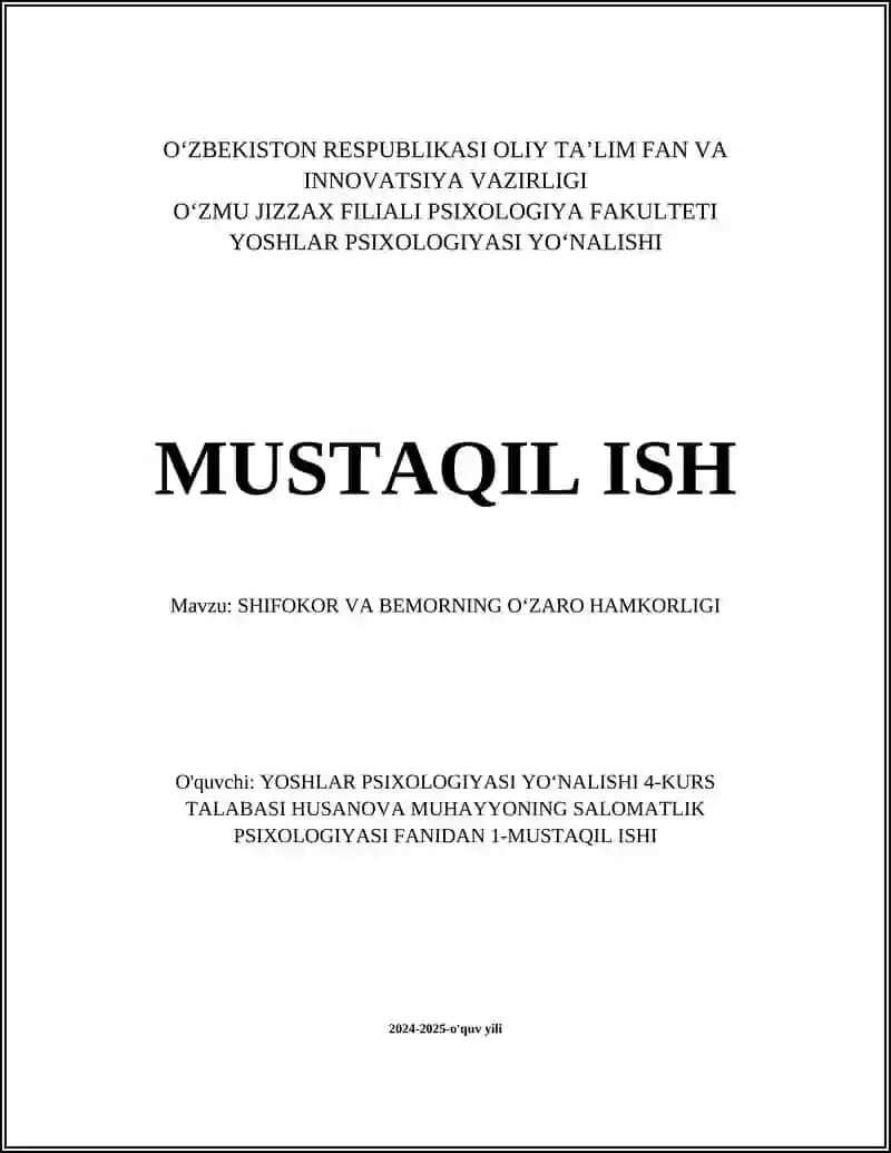 SHIFOKOR VA BEMORNING OʻZARO HAMKORLIGI