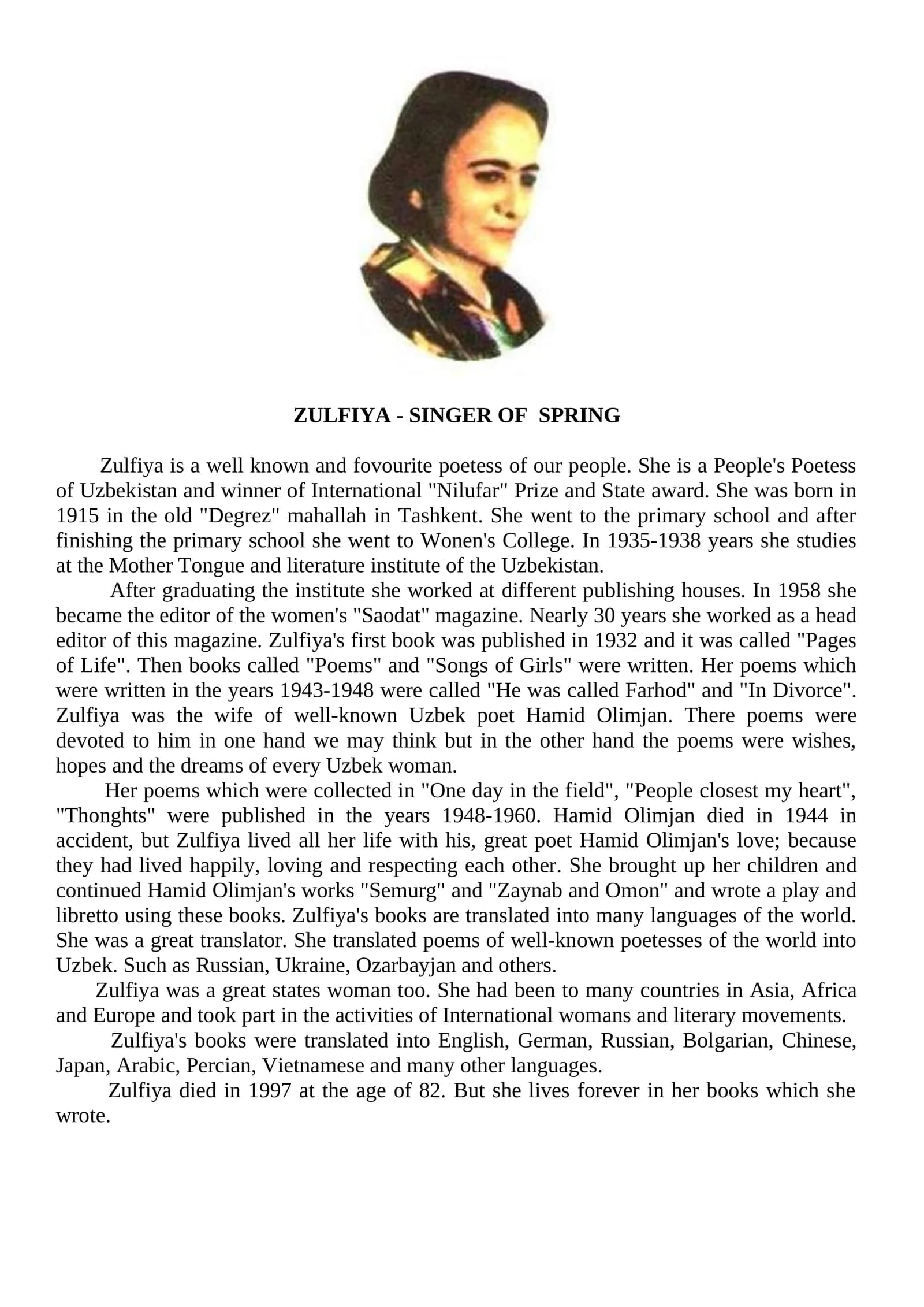 Zulfiya - Singer of Spring