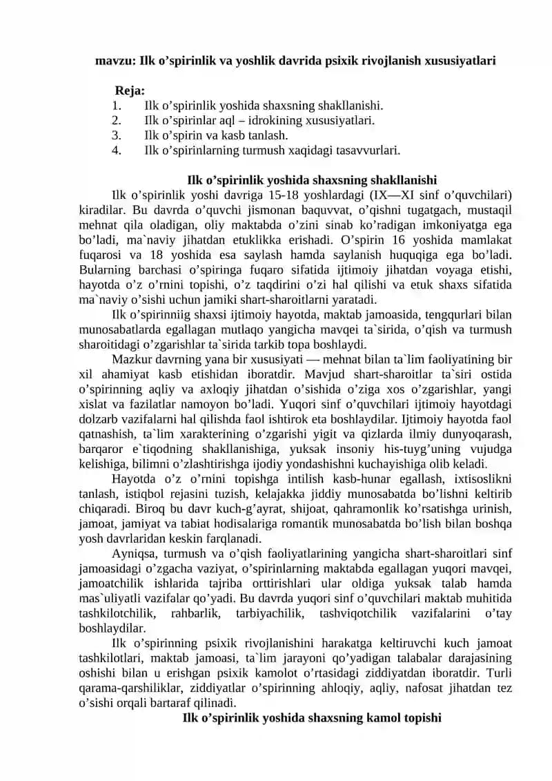 Ilk o’spirinlik va yoshlik davrida psixik rivojlanish xususiyatlari