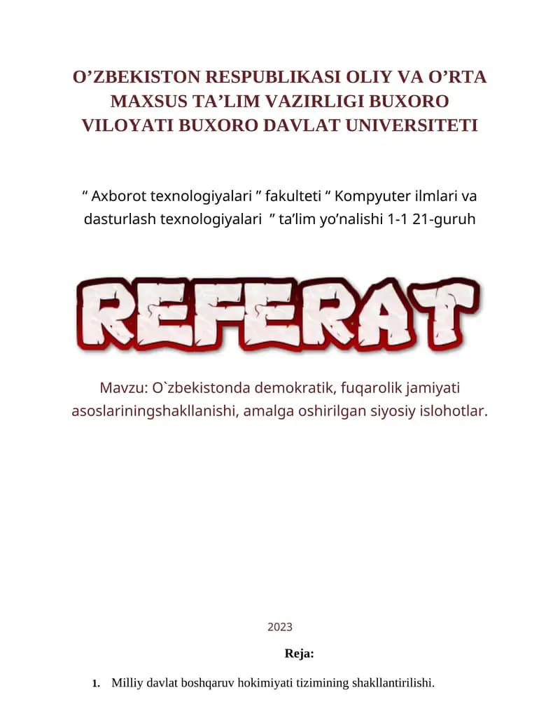 O`zbekistonda demokratik, fuqarolik jamiyati asoslariningshakllanishi, amalga oshirilgan siyosiy islohotlar