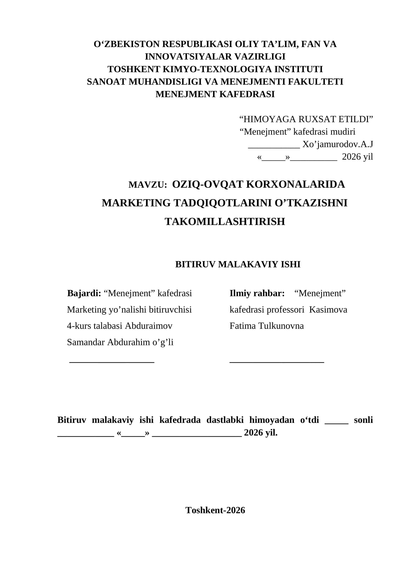 OZIQ-OVQAT KORXONALARIDA MARKETING TADQIQOTLARINI O’TKAZISHNI TAKOMILLASHTIRISH