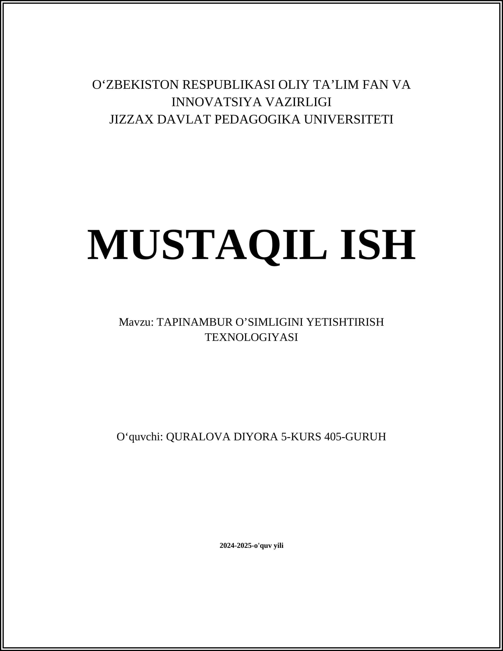 TAPINAMBUR O’SIMLIGINI YETISHTIRISH TEXNOLOGIYASI