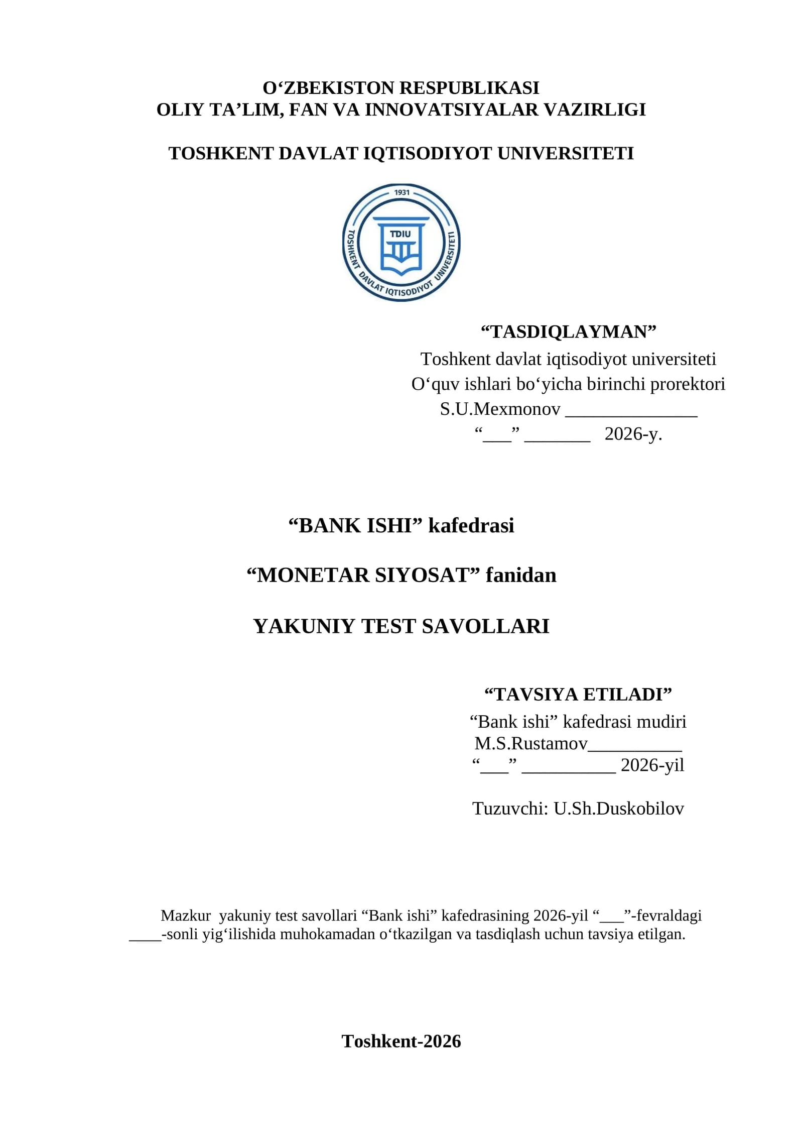 MONETAR SIYOSAT fanidan YAKUNIY TEST SAVOLLARI
