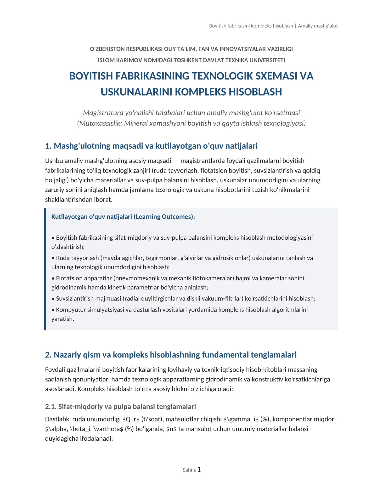Boyitish fabrikasini kompleks hisoblash | Amaliy mashg'ulot