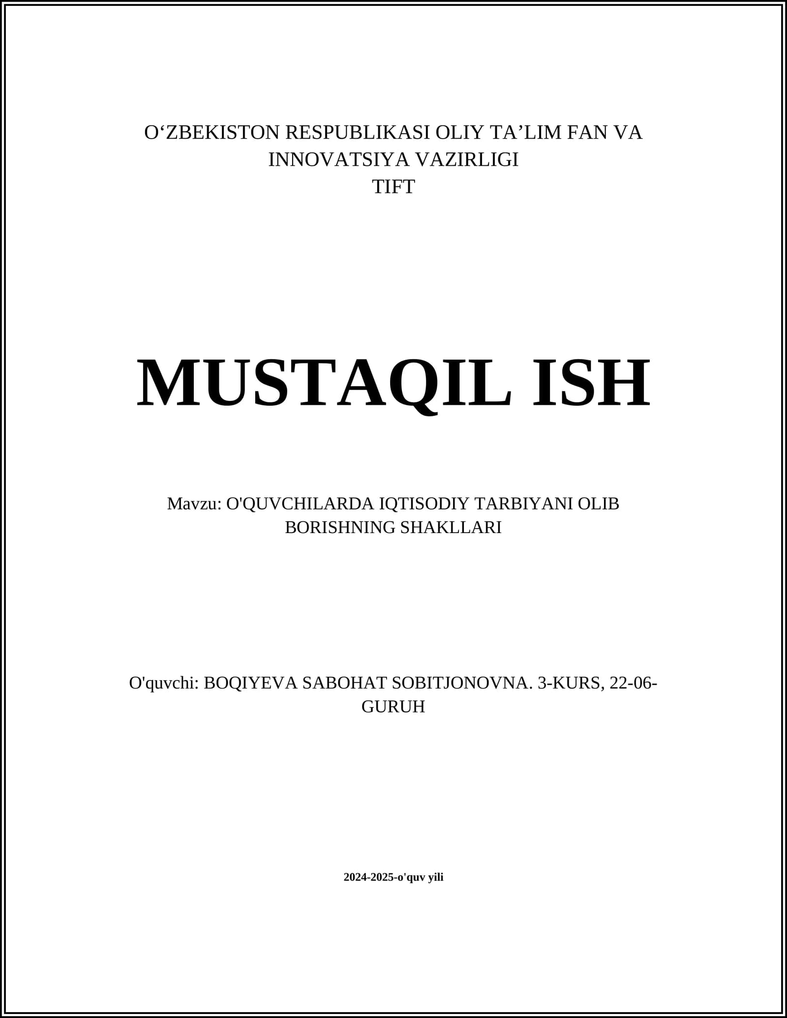 O'QUVCHILARDA IQTISODIY TARBIYANI OLIB BORISHNING SHAKLLARI