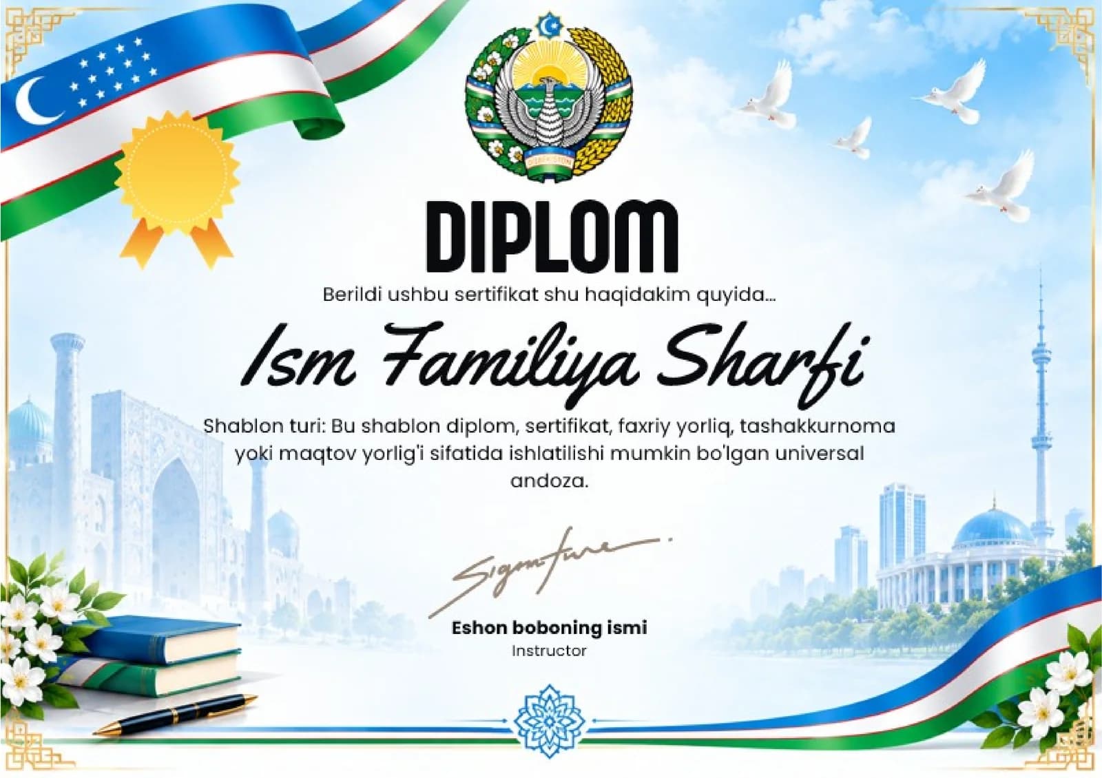Shablon diplom, sertifikat, faxriy yorliq, tashakkurnoma yoki maqtov yorlig'i