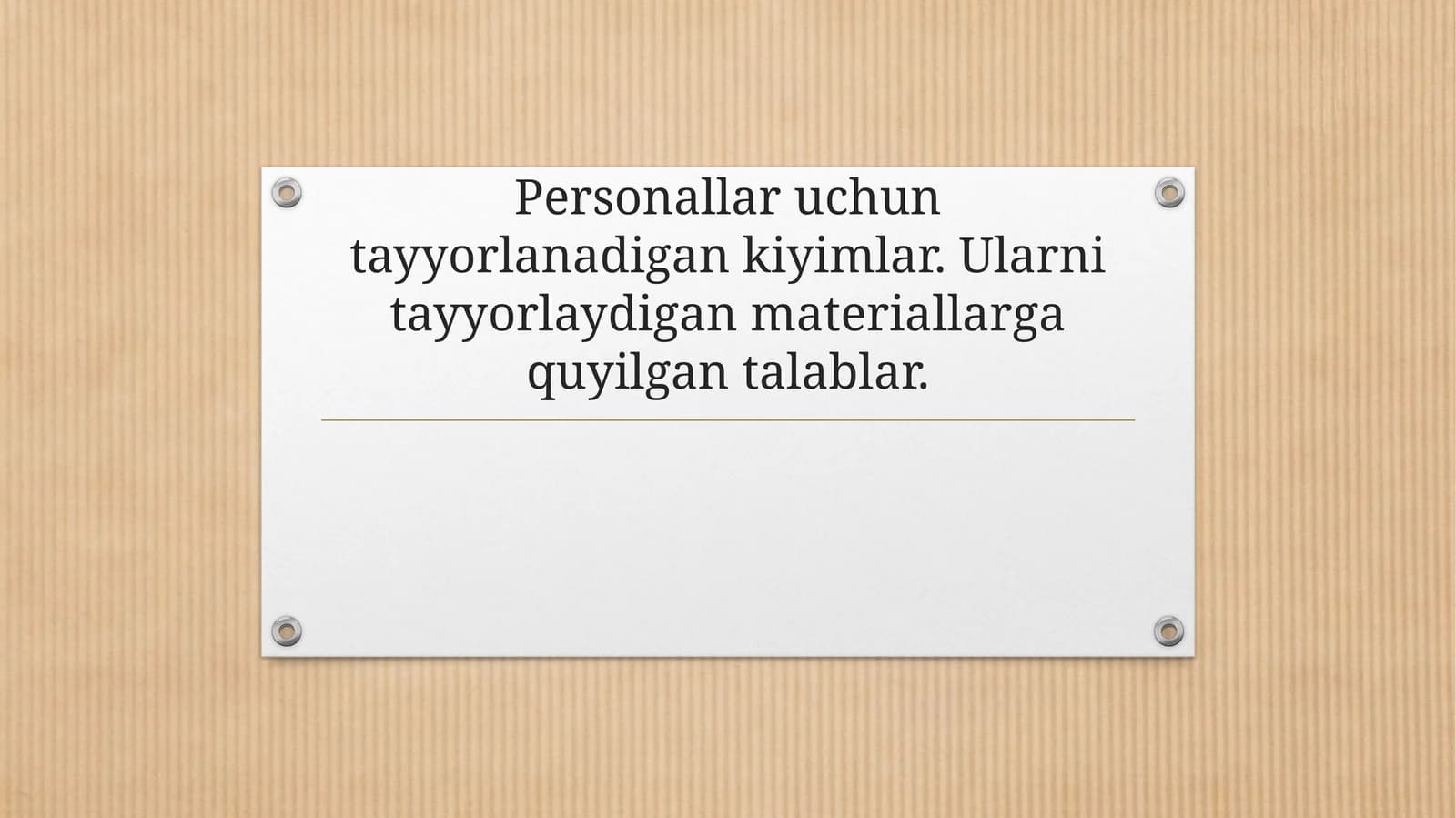 Personallar uchun tayyorlanadigan kiyimlar. Ularni tayyorlaydigan materiallarga quyilgan talablar