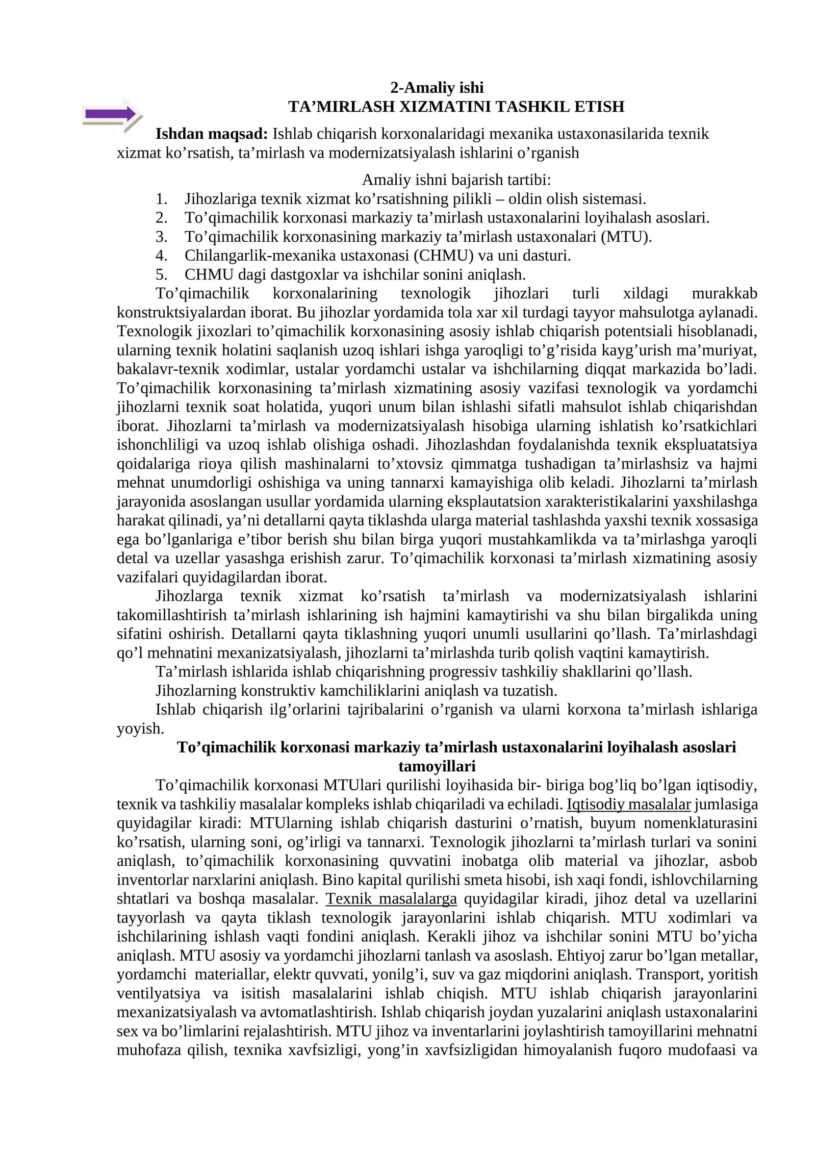 TA’MIRLASH XIZMATINI TASHKIL ETISH