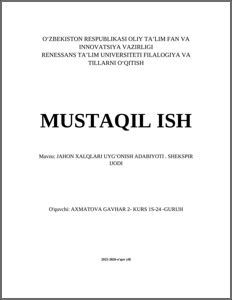 Jahon Xalqlari Uygʻonish Adabiyoti