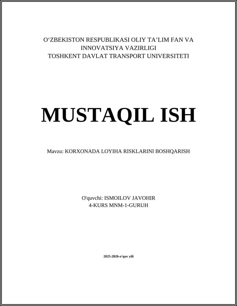 KORXONADA LOYIHA RISKLARINI BOSHQARISH