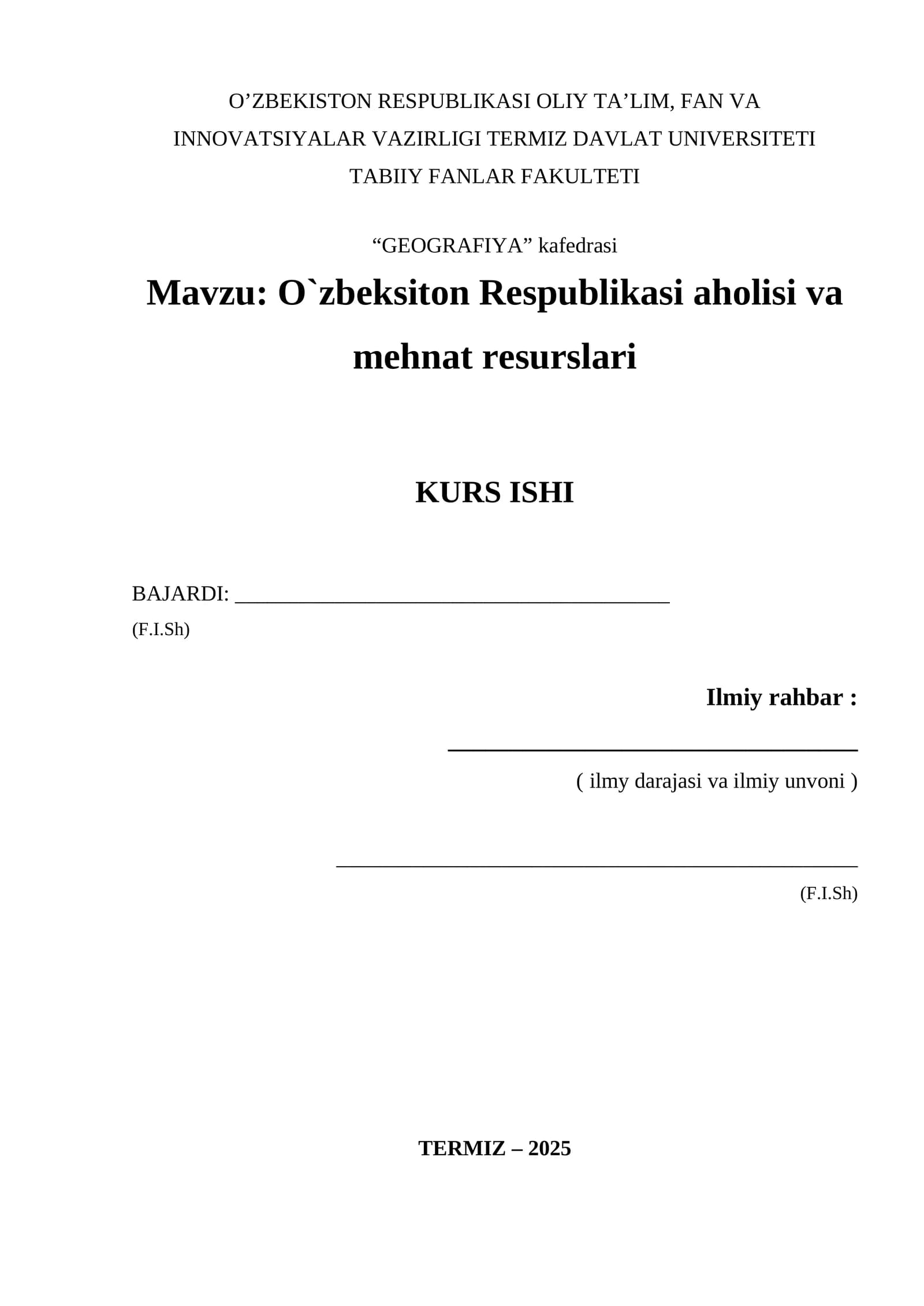 O`zbeksiton Respublikasi aholisi va mehnat resurslari