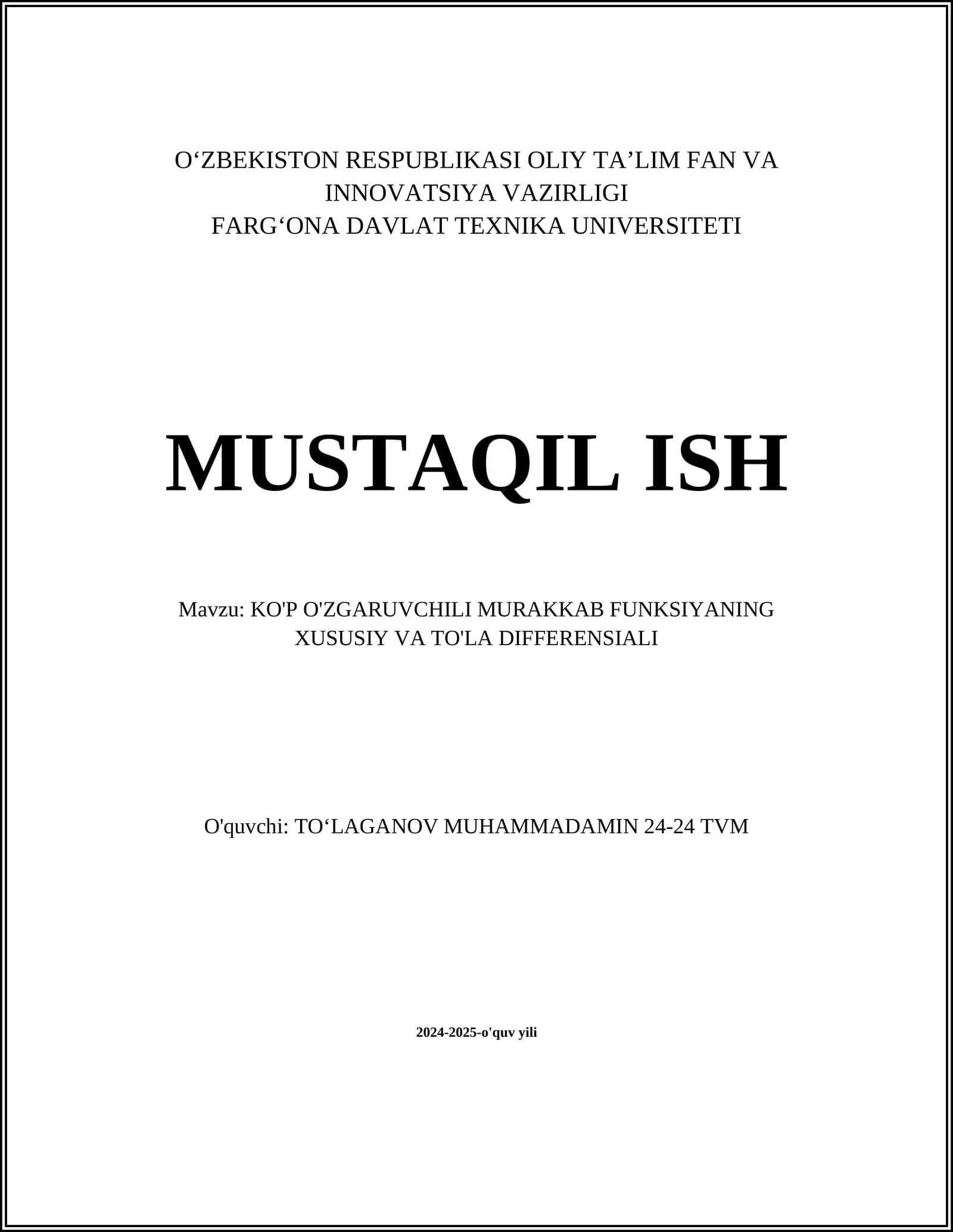 KO'P O'ZGARUVCHILI MURAKKAB FUNKSIYANING XUSUSIY VA TO'LA DIFFERENSIALI