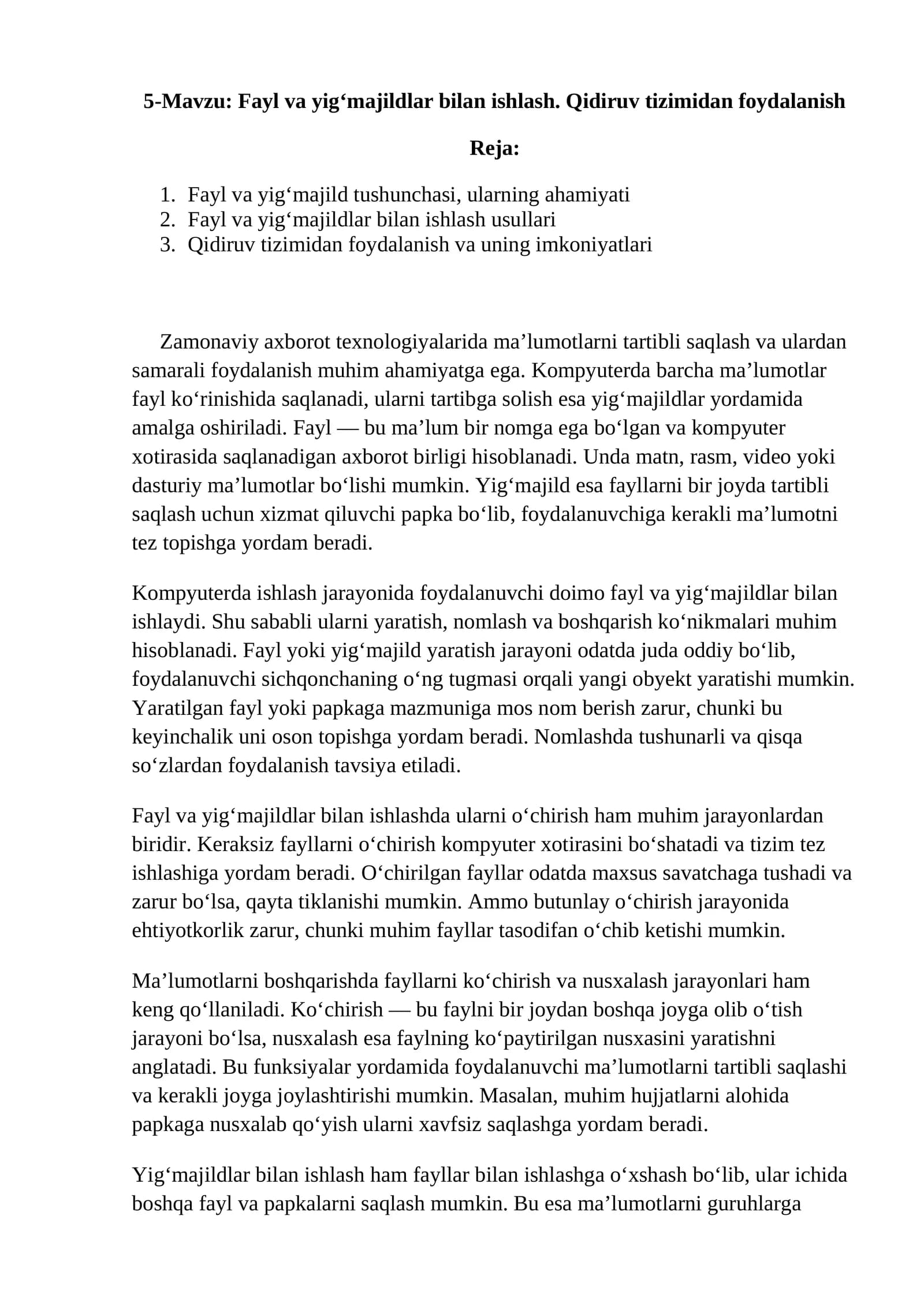 Fayl va yig‘majildlar bilan ishlash. Qidiruv tizimidan foydalanish