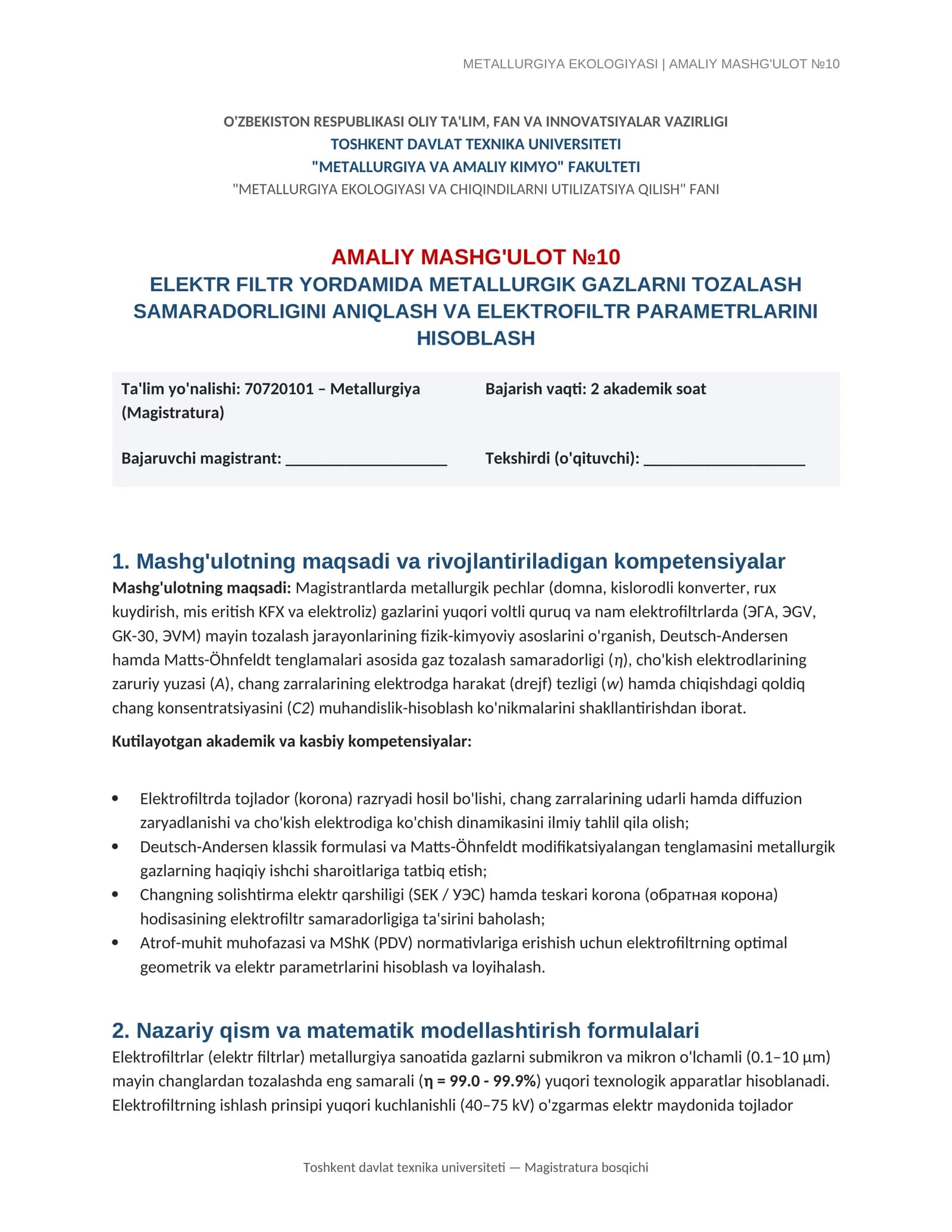 METALLURGIYA EKOLOGIYASI | AMALIY MASHG'ULOT №10