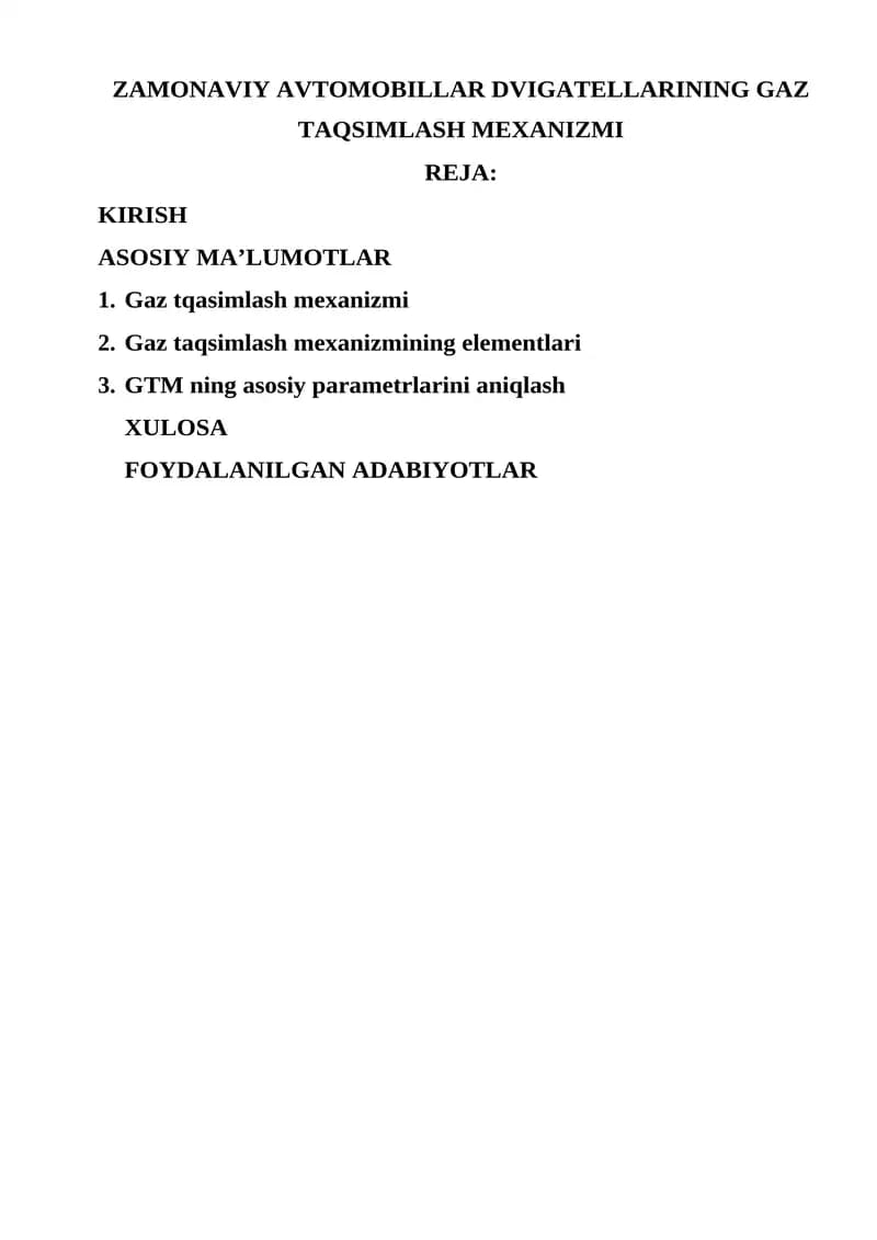 Zamonaviy Avtomobillar Dvigatelllarining Gaz Taqsimlash Mexanizmi