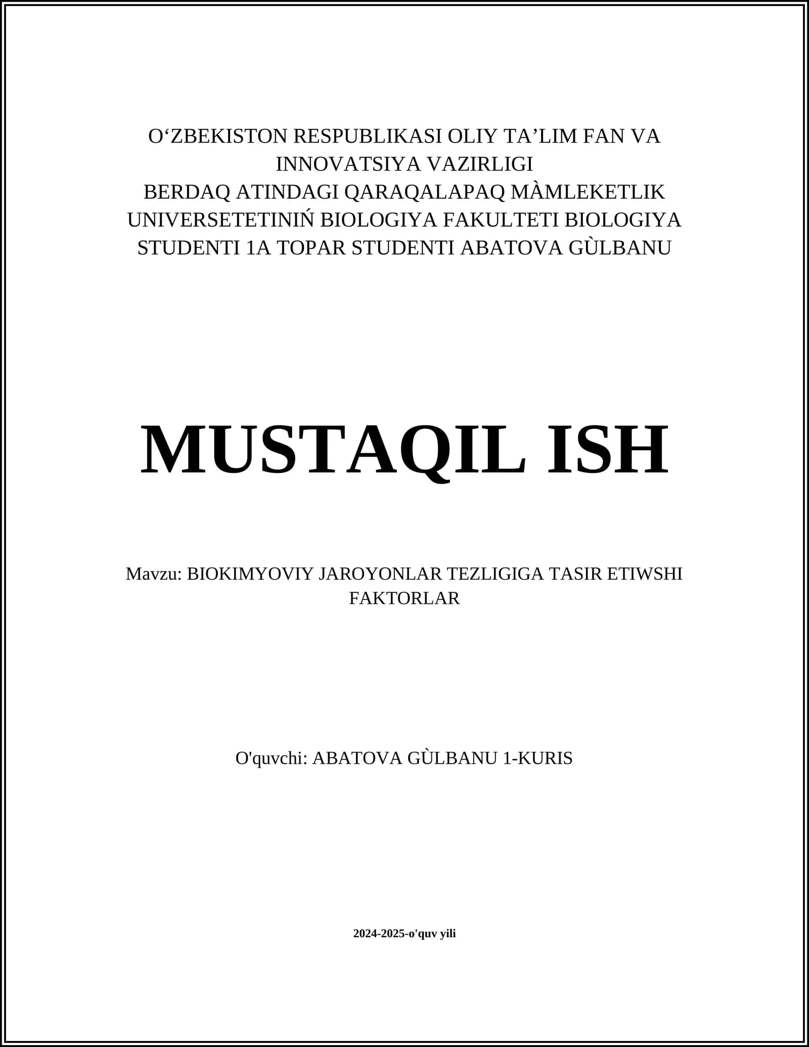 BIOKIMYOVIY JAROYONLAR TEZLIGIGA TASIR ETIWSHI FAKTORLAR