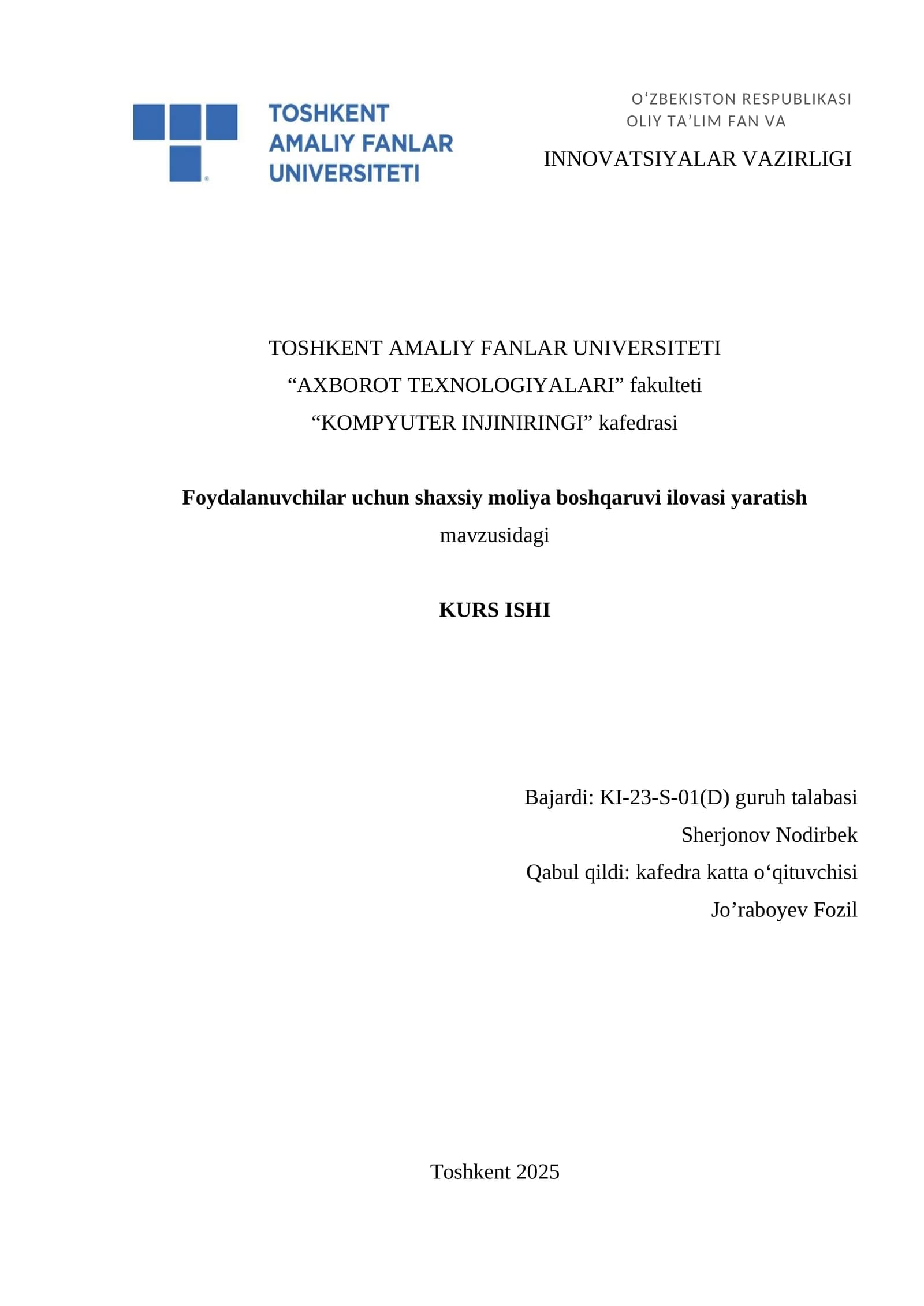 Shaxsiy moliya boshqaruvi ilovasi
