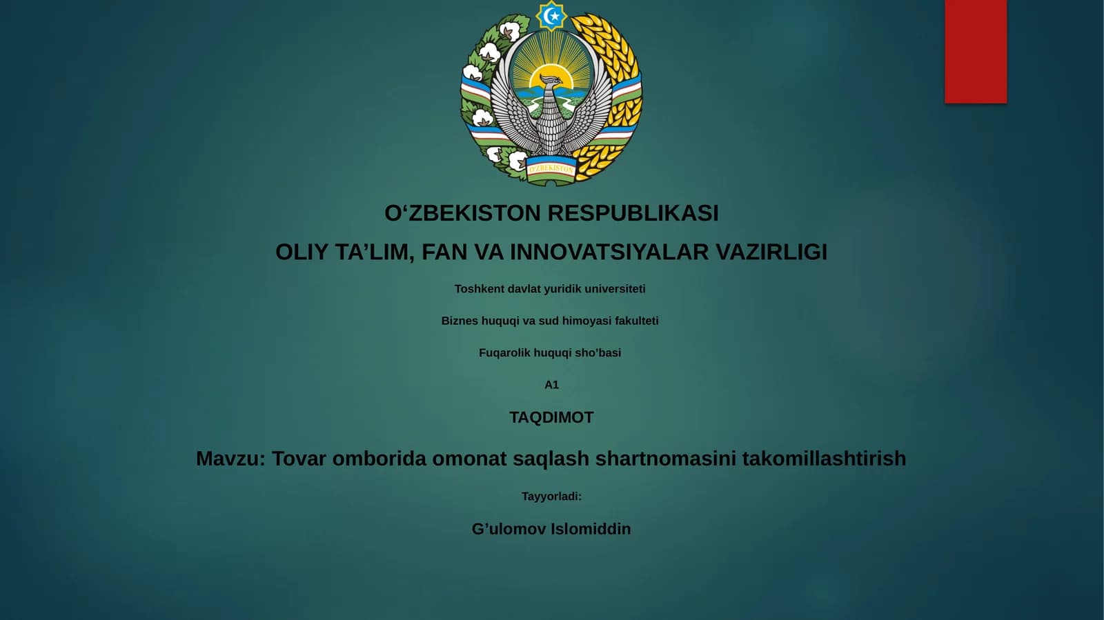 Tovar omborida omonat saqlash shartnomasini takomillashtirish